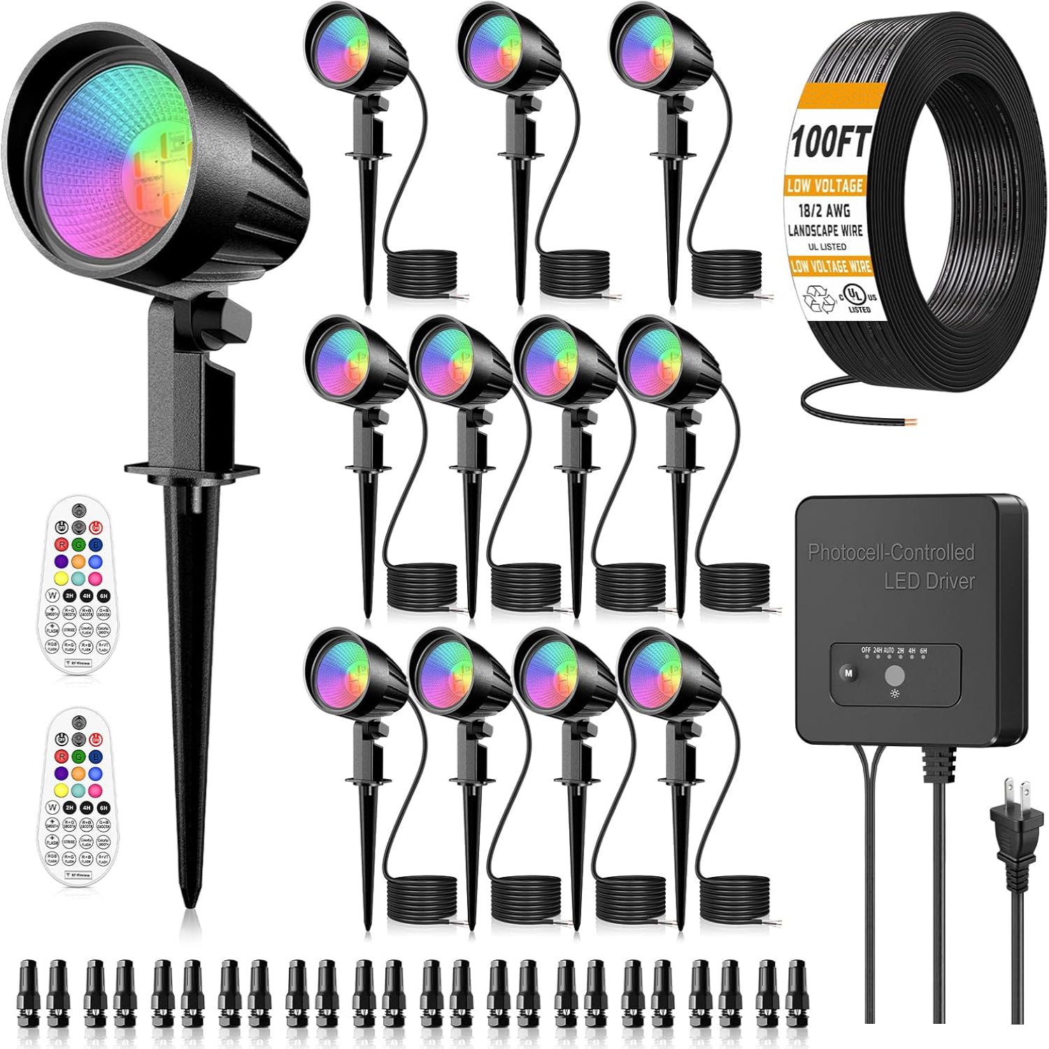 MEIKEE RGBW Low Voltage Landscape Lights Kit, 15W Color Changing Landscape Lights with Transformer 65FT UL-Listed Wire, Outdoor Spotlights IP66 Waterproof Remote Control for Holiday Yard Garden, 8Pack