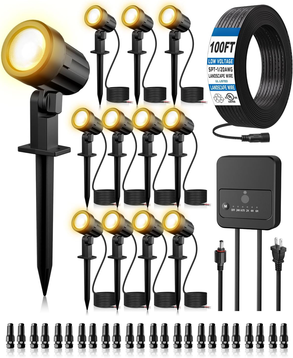 MEIKEE All-in-One Low Voltage LED Landscape Lighting Kit, 2700K Warm White Waterproof Spotlights with Transformer, Cable & Connectors for Garden, Yard, Trees & Outdoor Houses