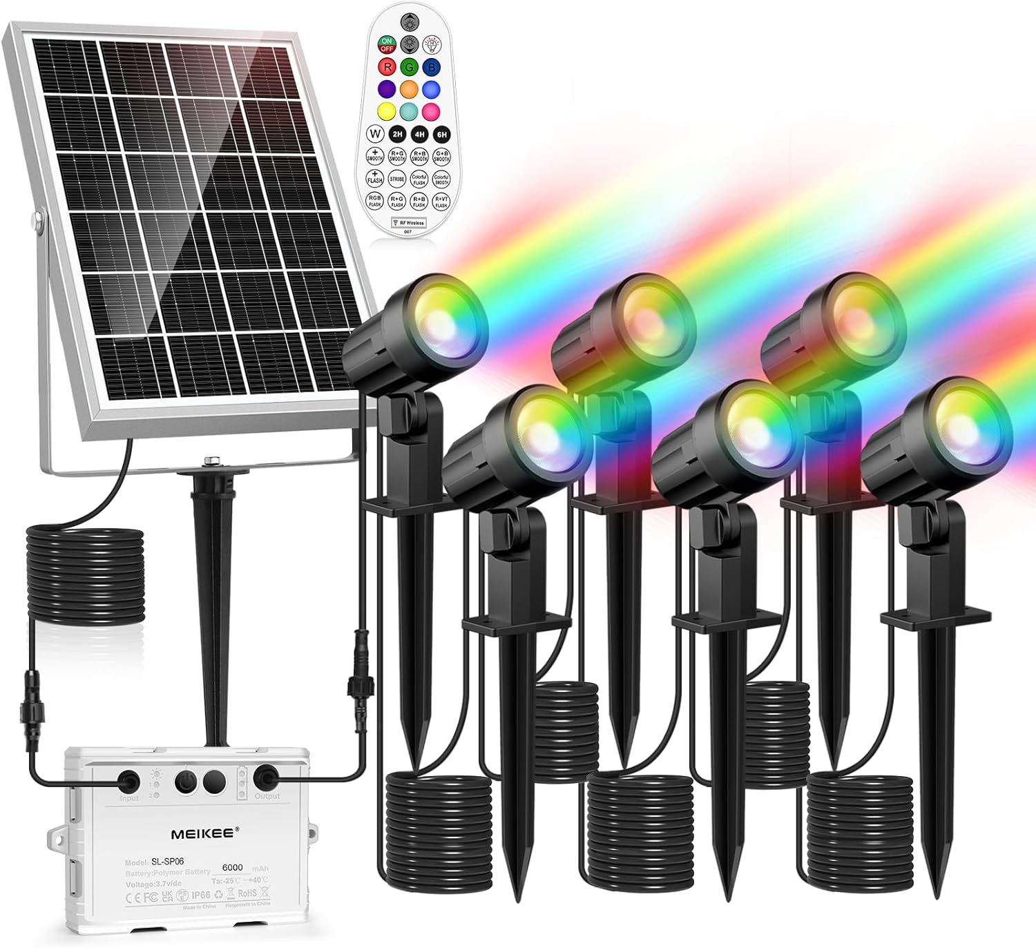 MEIKEE 6 in 1 Solar Spotlights Outdoor, 6W/6V Solar Powered Landscape Lights IP66 Waterproof Auto On/Off Landscape Spotlights with 3 Colors 56ft Cord for Garden Path Yard Patio Light