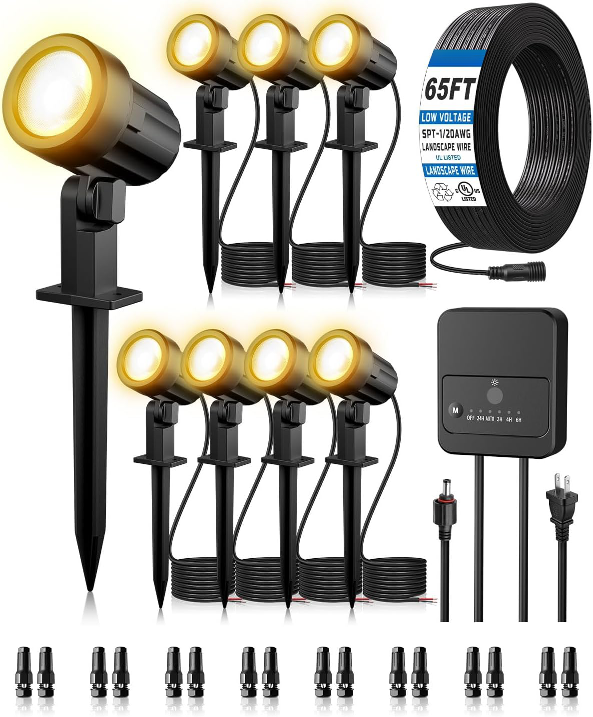 MEIKEE All-in-One Low Voltage LED Landscape Lighting Kit, 2700K Warm White Waterproof Spotlights with Transformer, Cable & Connectors for Garden, Yard, Trees & Outdoor Houses