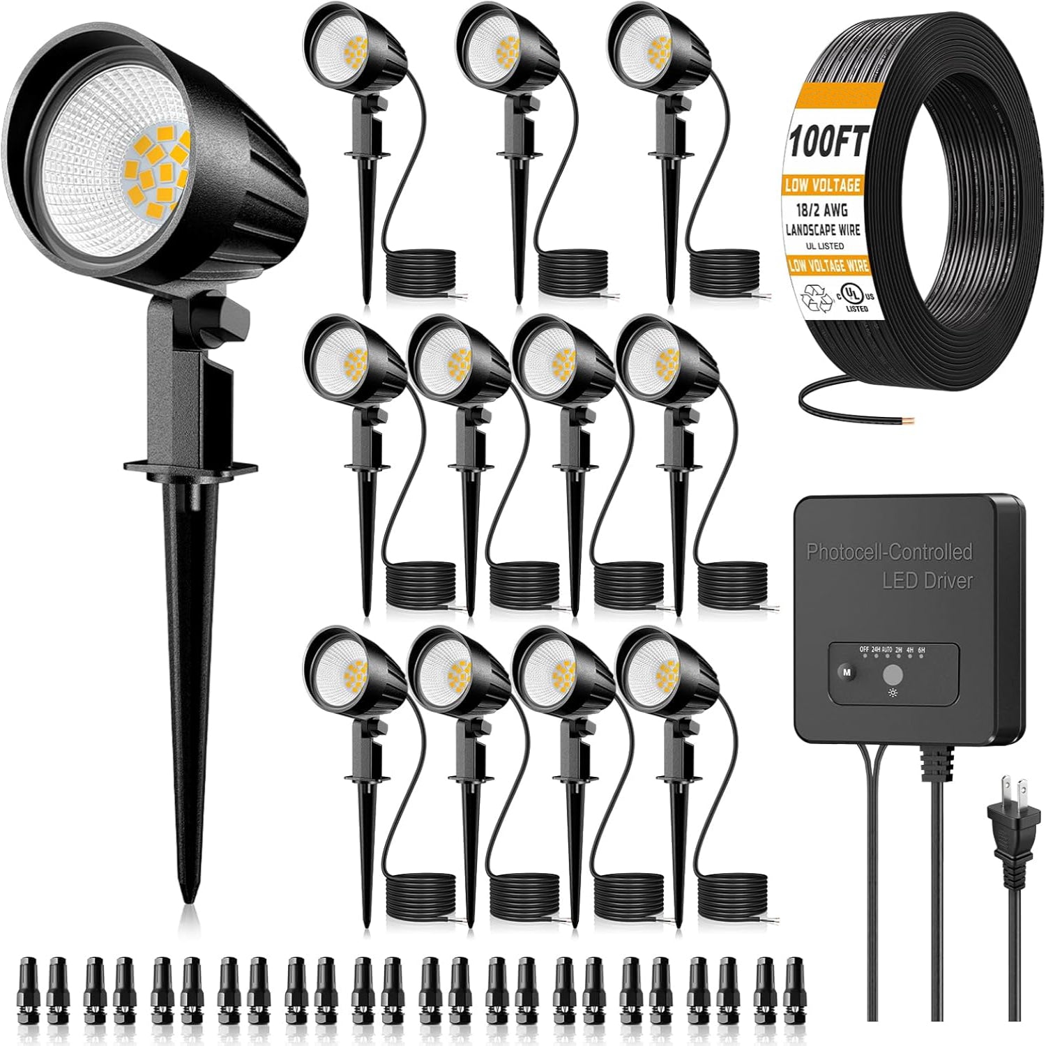MEIKEE Low Voltage Landscape Lighting Kit, 12W Landscape Lights with Transformer 65FT UL-Listed Wire & Connectors, 2700K Waterproof Outdoor Garden Lights for Yard House Tree 12V-24V 8Pack