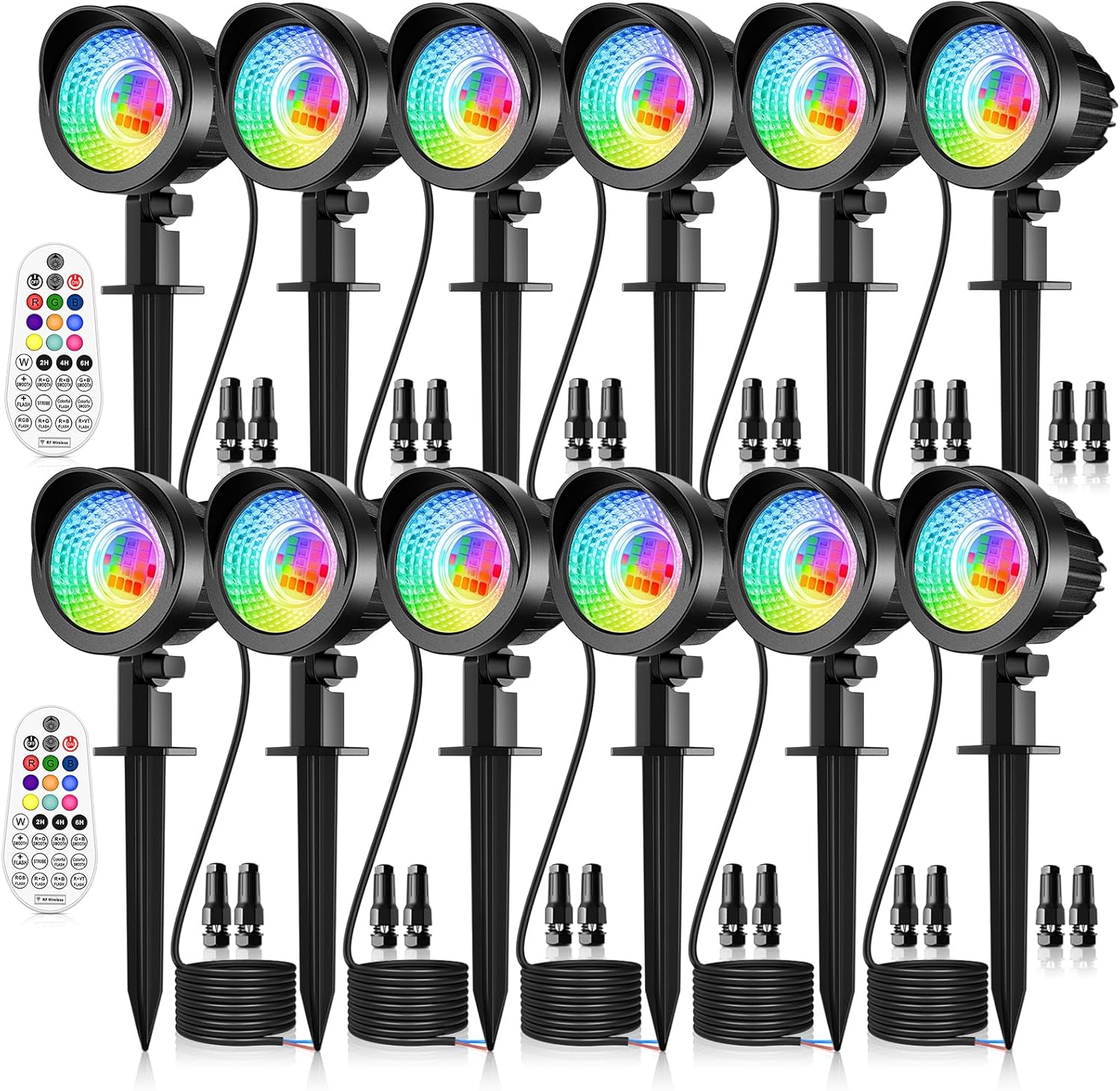MEIKEE 15W RGB Landscape Lights 12V 24V Low Voltage Landscape Lighting RGBW Color Changing IP66 Waterproof Outdoor Spot Lights with Connectors for Garden Path Yard (12 Pack)