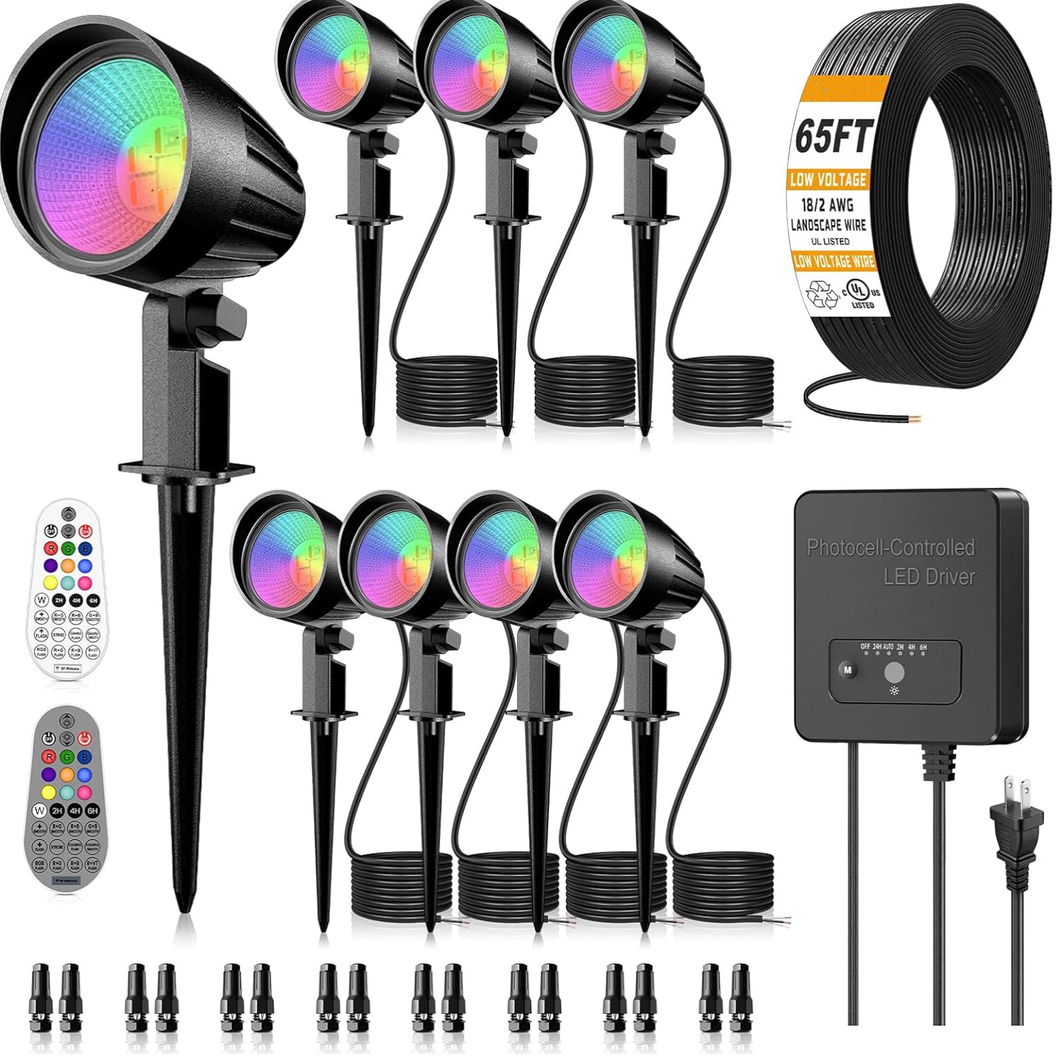 MEIKEE RGBW Low Voltage Landscape Lights Kit, 15W Color Changing Landscape Lights with Transformer 65FT UL-Listed Wire, Outdoor Spotlights IP66 Waterproof Remote Control for Holiday Yard Garden, 8Pack