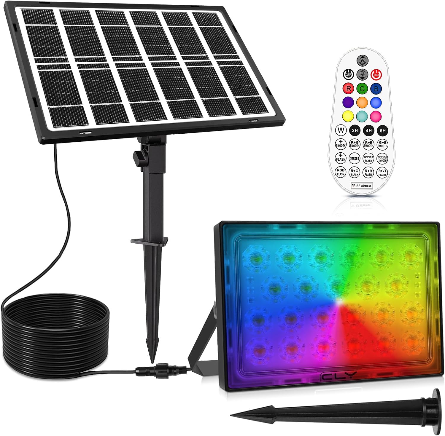 MEIKEE RGB Color Changing Solar Powered Outdoor Flood Light with Remote Control, IP66 Waterproof Wall Washer Light, 10 Colors, 12 Lighting Modes, 6 Brightness Levels, Timer & Memory Function, 5M Extension Cord for Garden, Party & Stage Decor