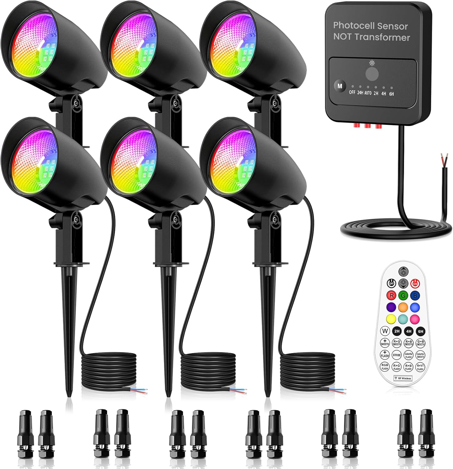 MEIKEE 6 Pack 20W Low Voltage RGB Color Changing LED Landscape Spotlights with Photocell Sensor, IP66 Waterproof Outdoor Lights for Halloween Christmas Patio Garden Yard Decor