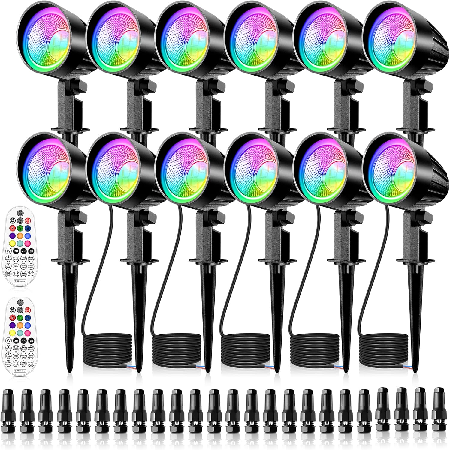 MEIKEE 15W RGBW Low Voltage Landscape Lights, 12-24V LED Landscape Lighting, Timer and Memory Dimmable Color Changing Outdoor Spotlights with Remote for Garden Path Christmas Halloween 12 Pack（副本）