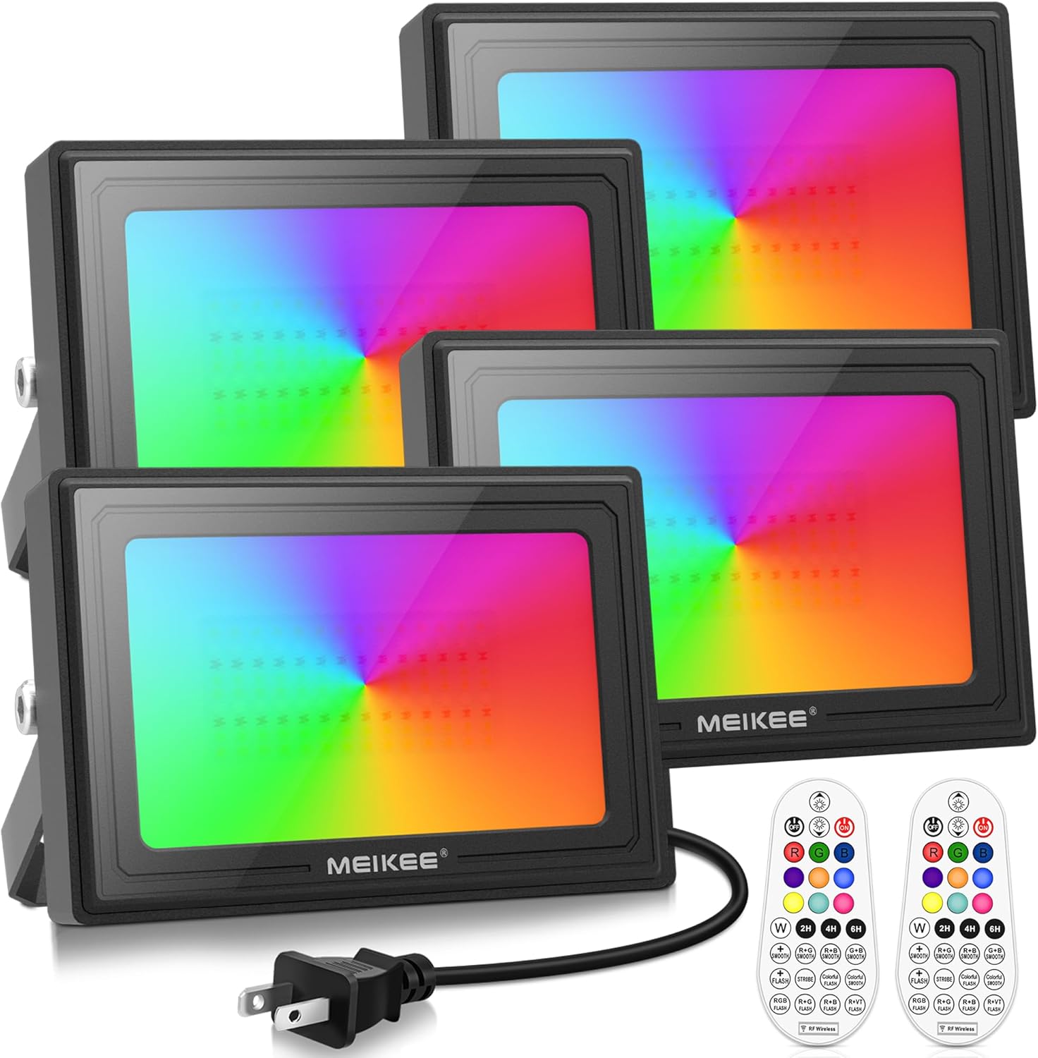 MEIKEE 60W 6000LM RGBW Flood Lights, 600W Equivalent RGB Color Changing LED Floodlights, 6500K White Light Outdoor Lighting with Timing Memory for Christmas Decoration 4 Packs