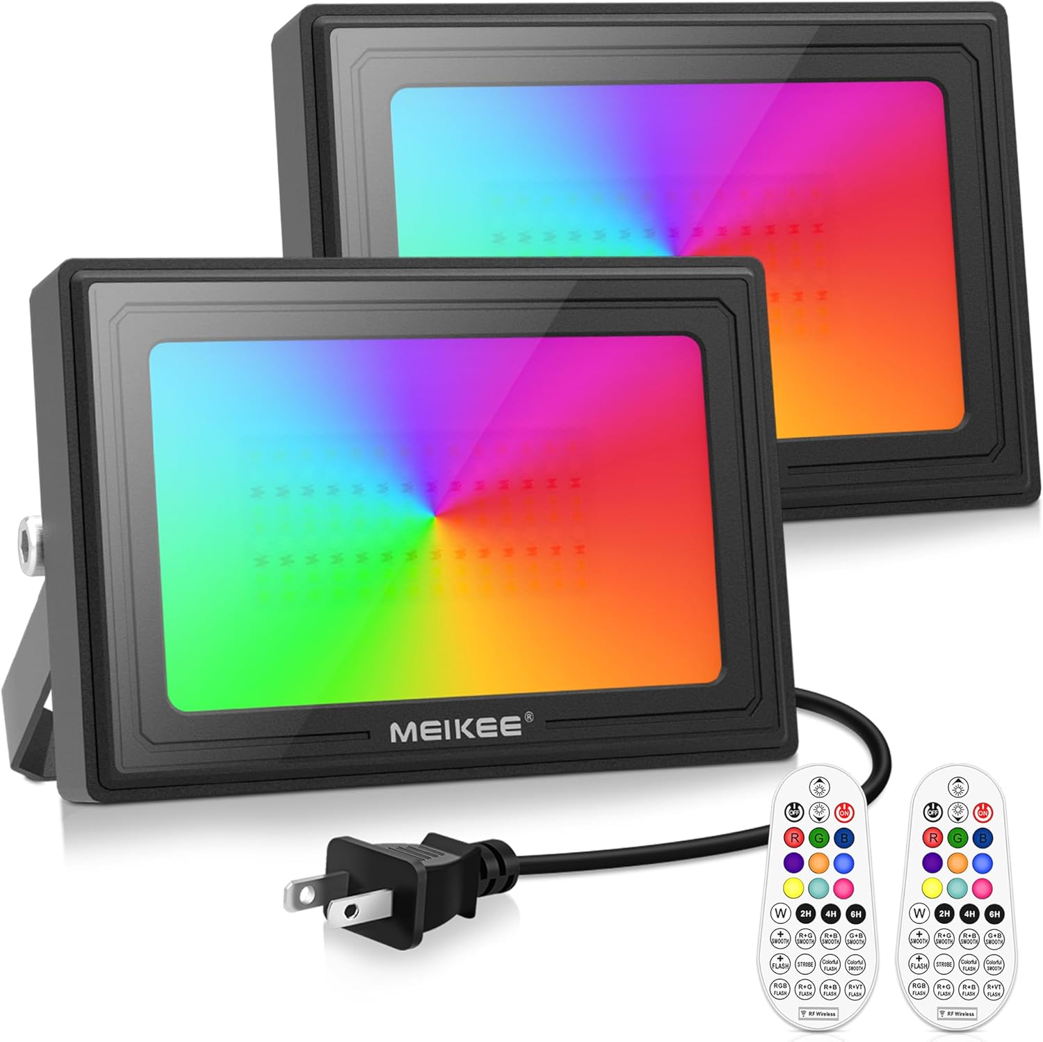 MEIKEE 60W RGB Flood Lights Outdoor, 6000LM Dimmable Color Changing LED Floodlights, IP66 Waterproof Wall Stage Lighting for Christmas Halloween Decorations 2-Pack