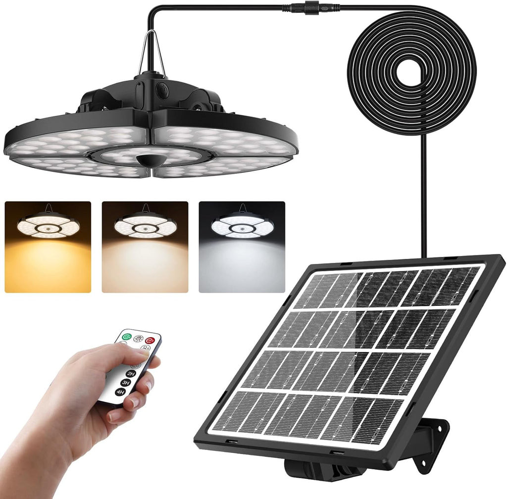 MEIKEE Solar Motion Sensor Pendant Lights with Remote Control, 2700K-6500K Dimmable Hanging Solar Shed Light with Timer & Memory Function, Indoor Outdoor Solar Lamp for Garage, Barn, Patio & Gazebo