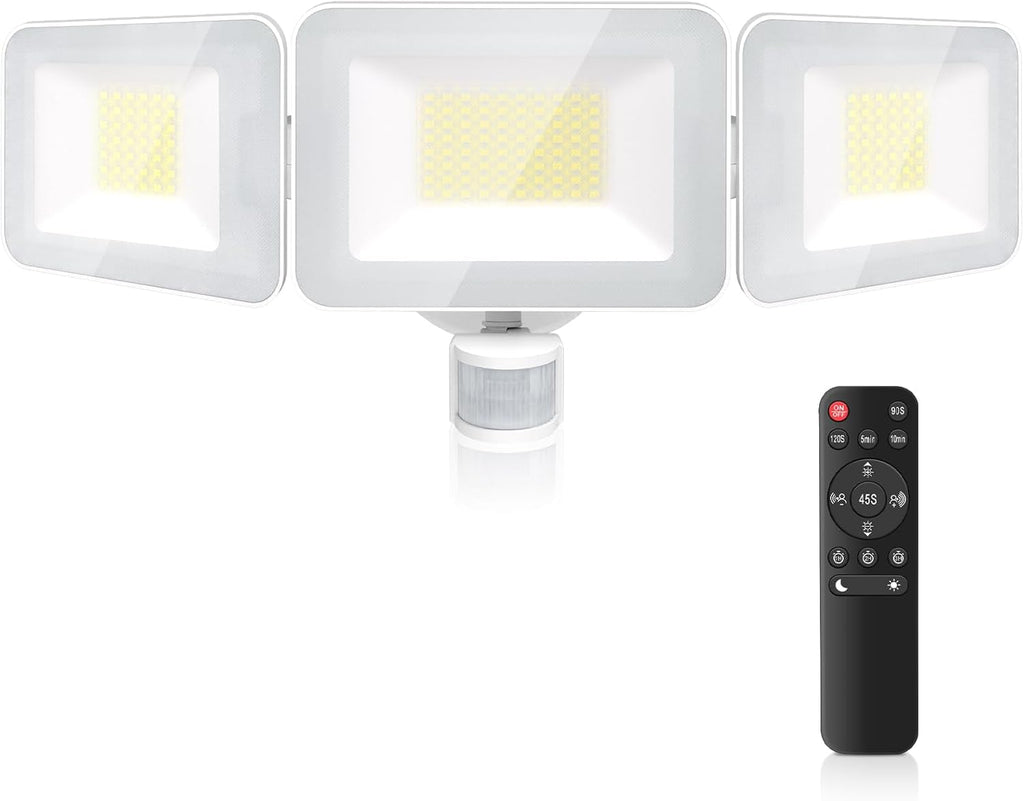 MEIKEE 100W LED Flood Lights Motion Sensor Light Outdoor, 9600lm 6500K Daylight White, IP65 Waterproof, 3 Adjustable Heads, Auto Dusk to Dawn Security Lighting for Garage, Yard, Porch, Driveway