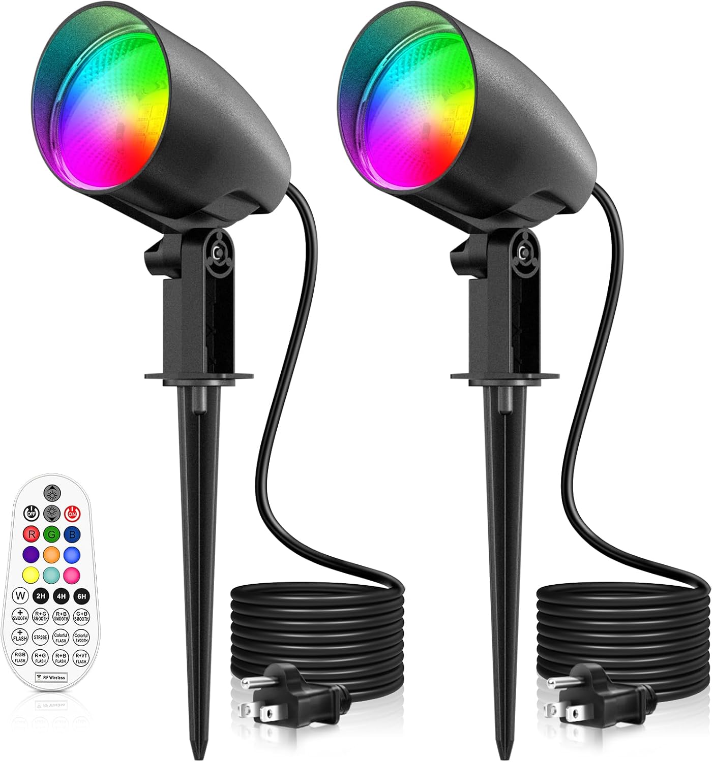MEIKEE 2 Pack 20W RGB Color Changing Outdoor LED Spotlights, 120V Waterproof Landscape Lights with US 3-Prong Plug, Dimmable, Timer & Memory Function for Halloween Decor