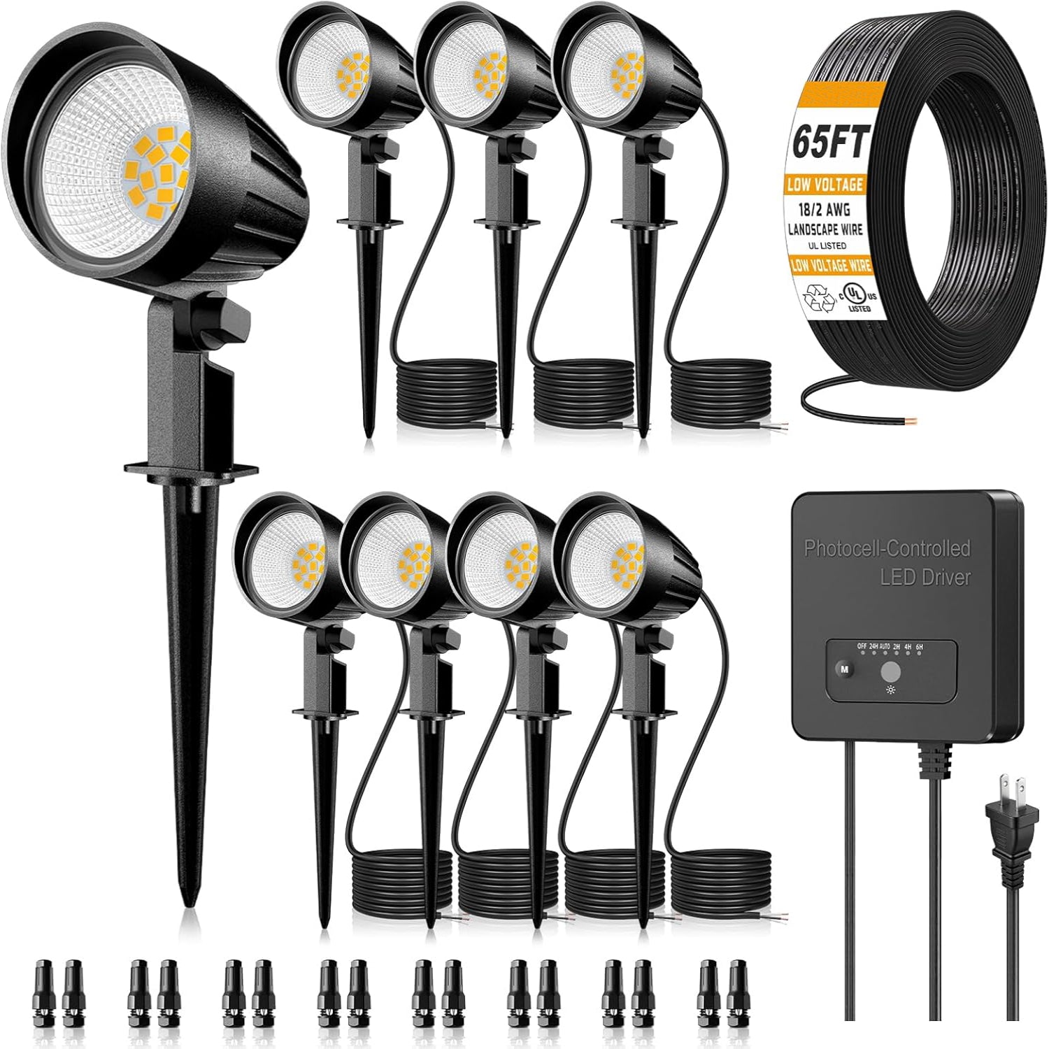 MEIKEE Low Voltage Landscape Lighting Kit, 12W Landscape Lights with Transformer 65FT UL-Listed Wire & Connectors, 2700K Waterproof Outdoor Garden Lights for Yard House Tree 12V-24V 8Pack
