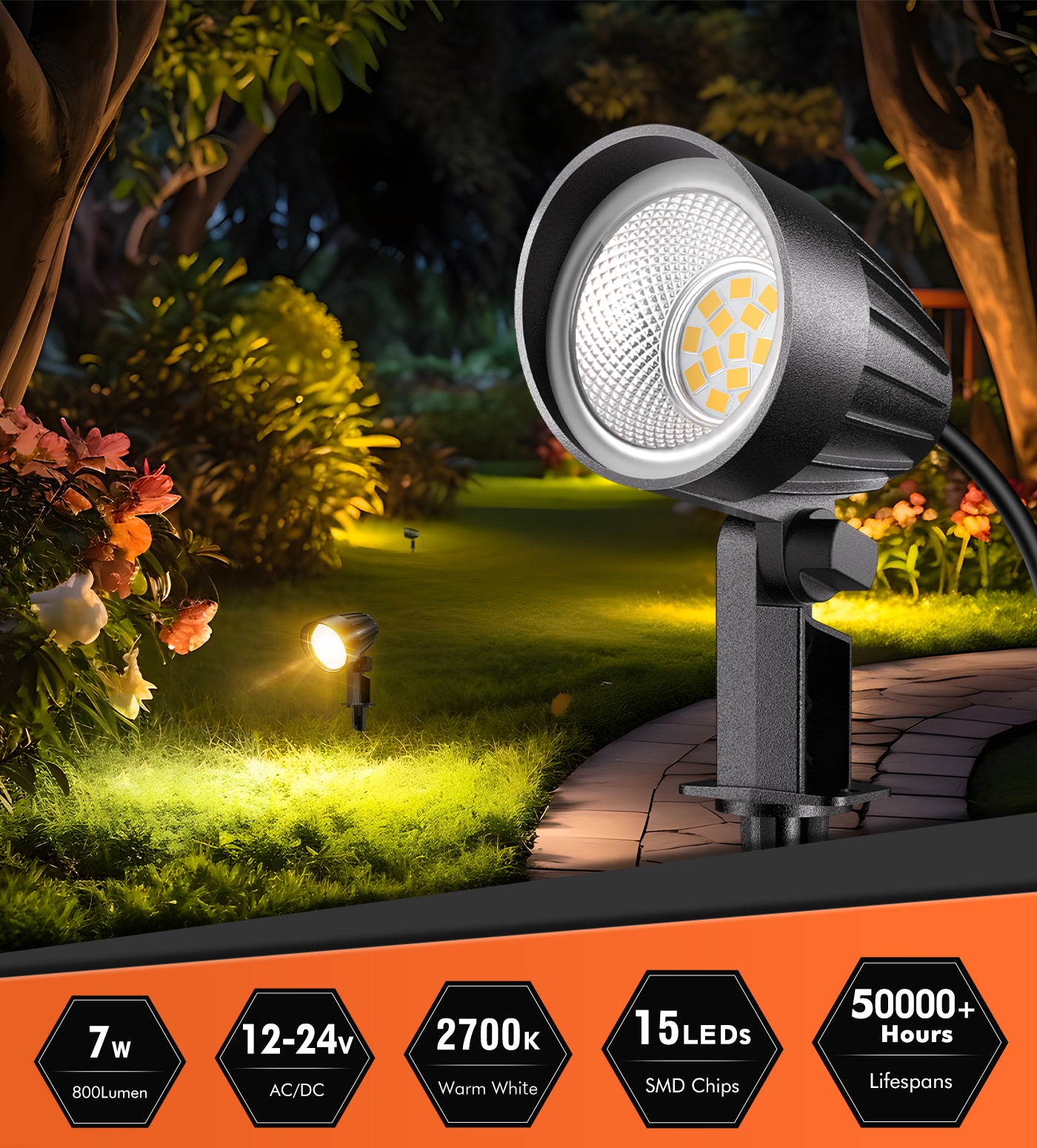 MEIKEE 7W 800LM Low Voltage Landscape Lighting, 12V 24V 2700K Warm White LED Landscape Lights IP66 Waterproof Outdoor Spot Lights for Garden Pathway Wall Tree Fence 2-Pack