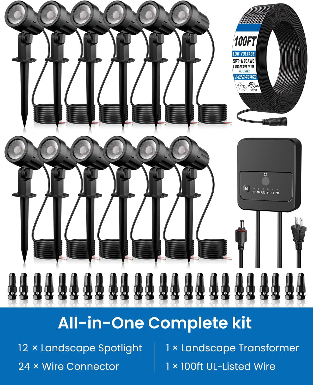 MEIKEE All-in-One Low Voltage LED Landscape Lighting Kit, 2700K Warm White Waterproof Spotlights with Transformer, Cable & Connectors for Garden, Yard, Trees & Outdoor Houses