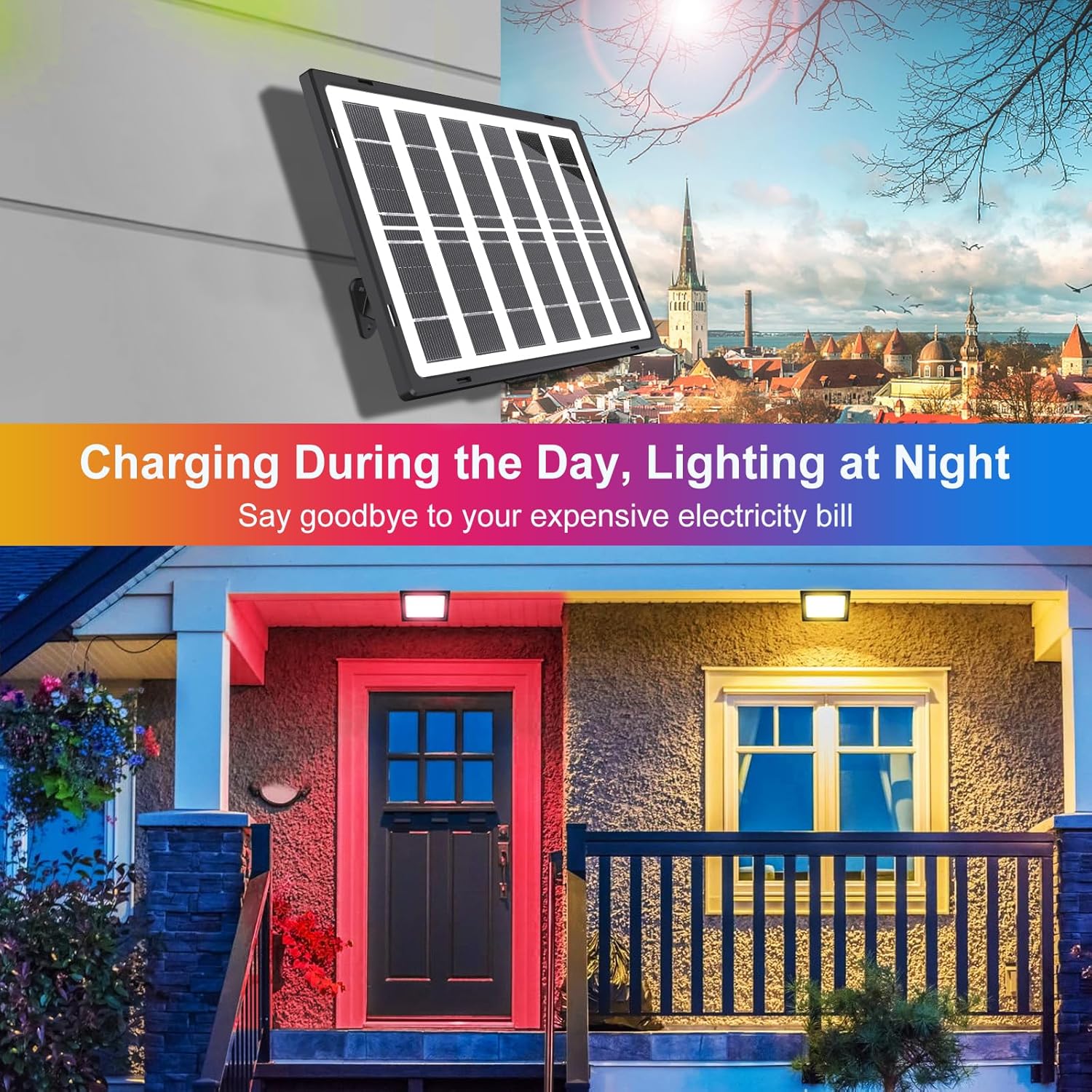 MEIKEE RGB Color Changing Solar Powered Outdoor Flood Light with Remote Control, IP66 Waterproof Wall Washer Light, 10 Colors, 12 Lighting Modes, 6 Brightness Levels, Timer & Memory Function, 5M Extension Cord for Garden, Party & Stage Decor