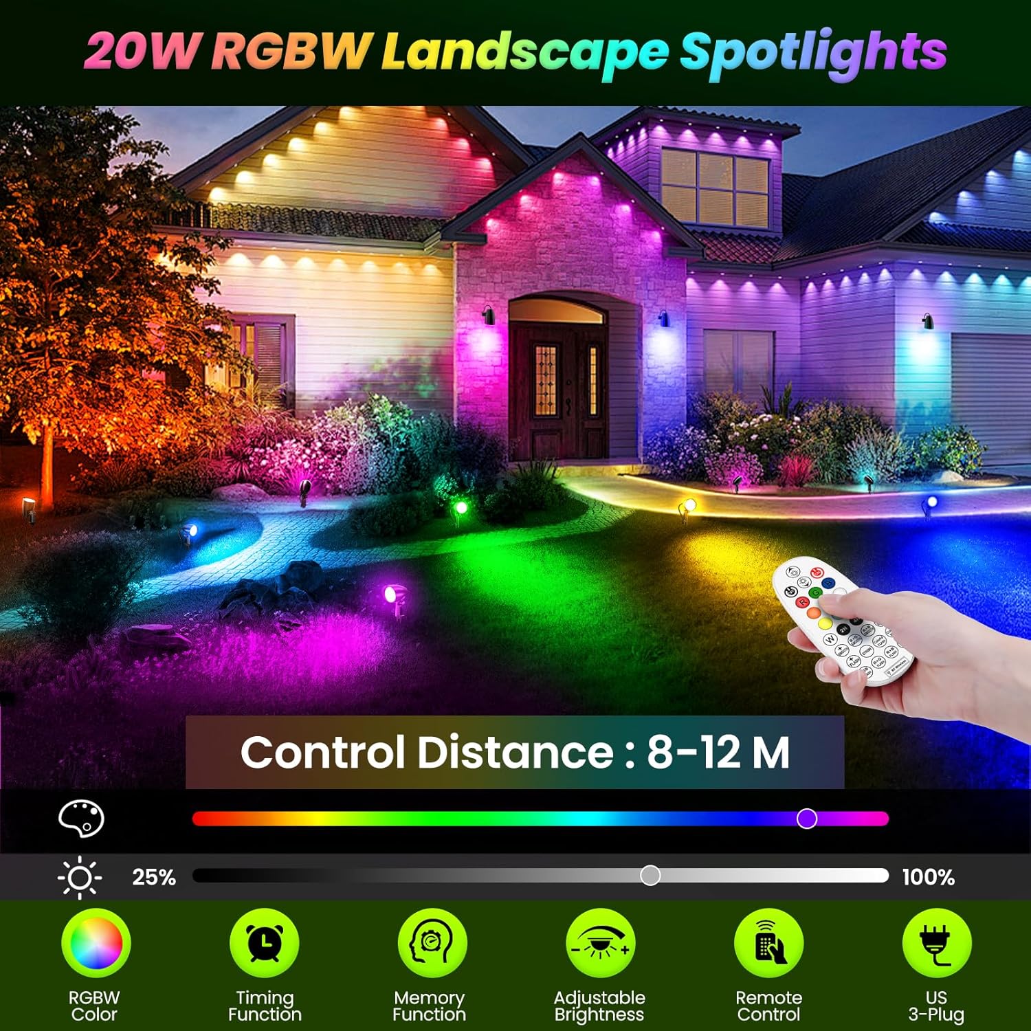 MEIKEE 2 Pack 20W RGB Color Changing Outdoor LED Spotlights, 120V Waterproof Landscape Lights with US 3-Prong Plug, Dimmable, Timer & Memory Function for Halloween Decor