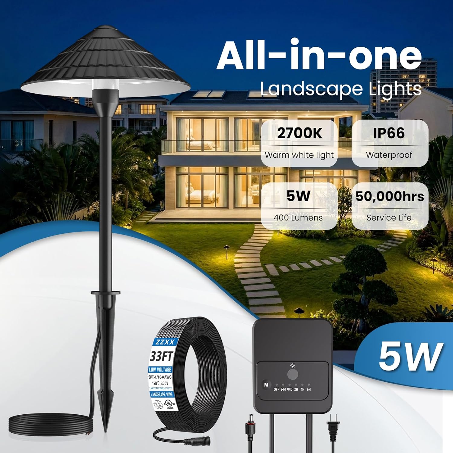 MEIKEE All-in-One Low Voltage Landscape Lighting Kit, 5W Dusk-to-Dawn LED Pathway Lights with Transformer, 2700K Warm White IP66 Waterproof Outdoor Lights for Yard & Patio