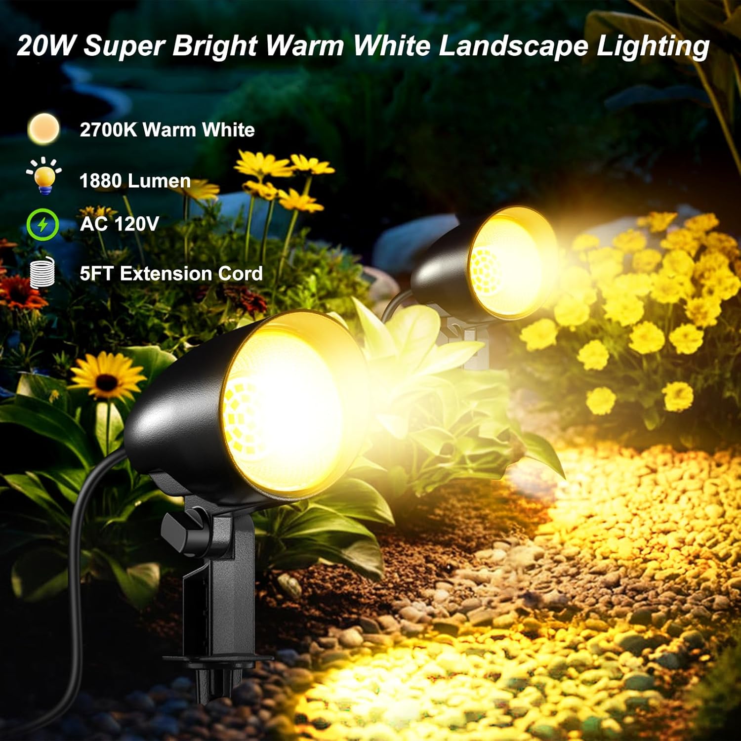 MEIKEE 20W Outdoor LED Landscape Lighting Spot Lights Outdoor 1880LM IP66 Waterproof Landscape Lights for Pathway Patio Yard Lawn Decorative 120V US 3-Plug 2 Packs