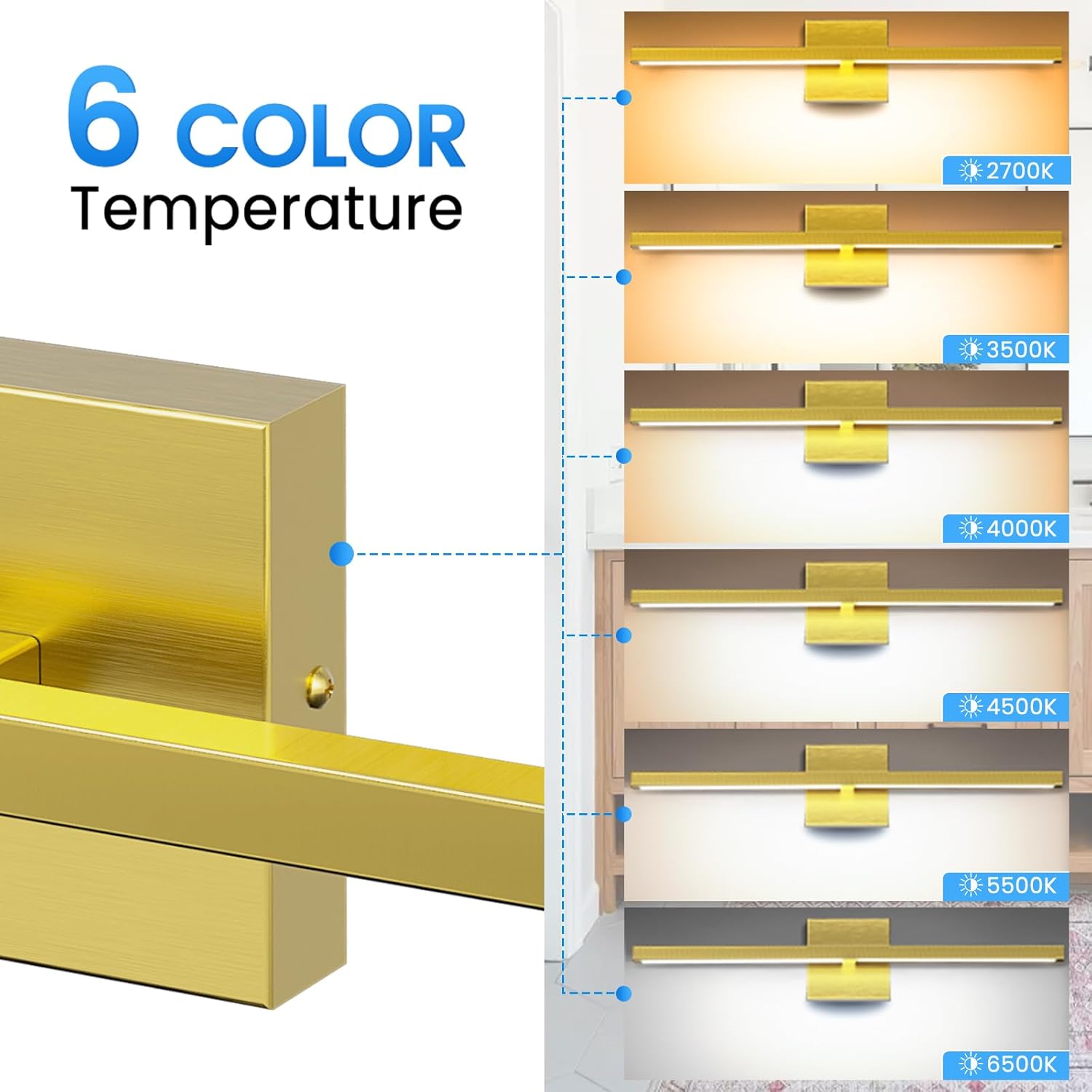 MEIKEE Modern Bathroom Vanity Light 32 inch, 20W Dimmable 6CCT Led Bathroom Light Fixture Over Mirror, Gold Bar Vanity Light for Mirror FCC Certificated, Classic Gold