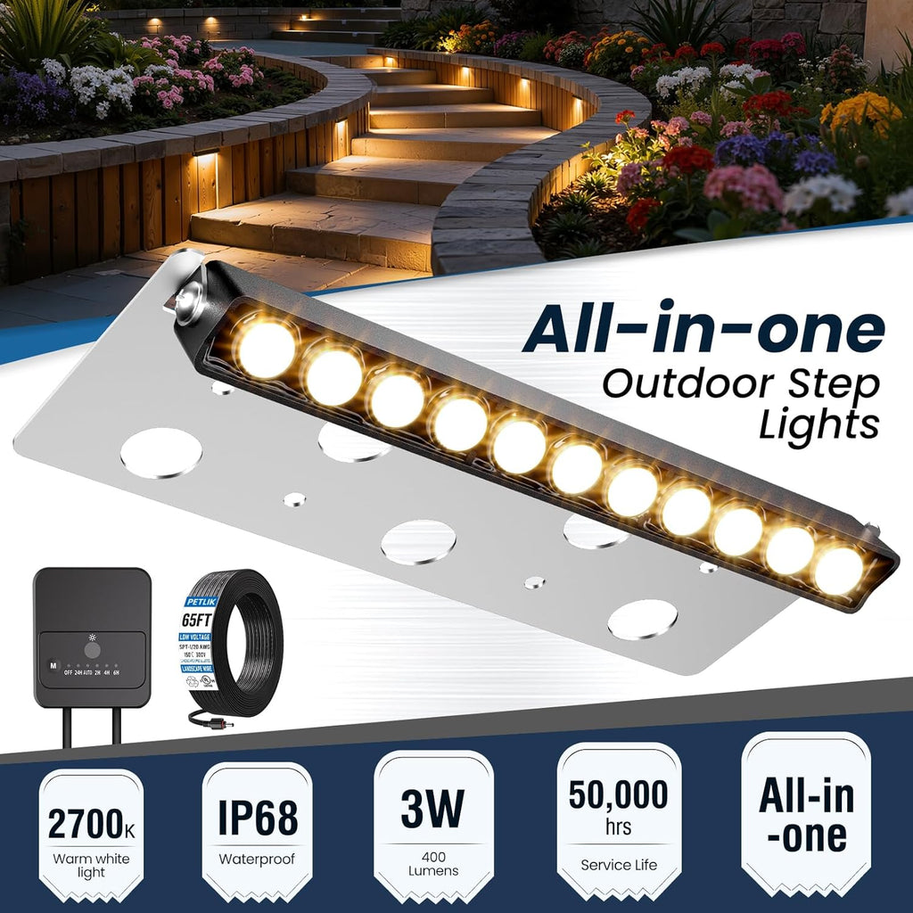 MEIKEE All-in-One Low Voltage Retaining Wall Lights Kit with Transformer, 3W 2700K Warm White Hardscape Step Lights, IP68 Waterproof Outdoor Fence Decor Lighting for Patio & Stairs