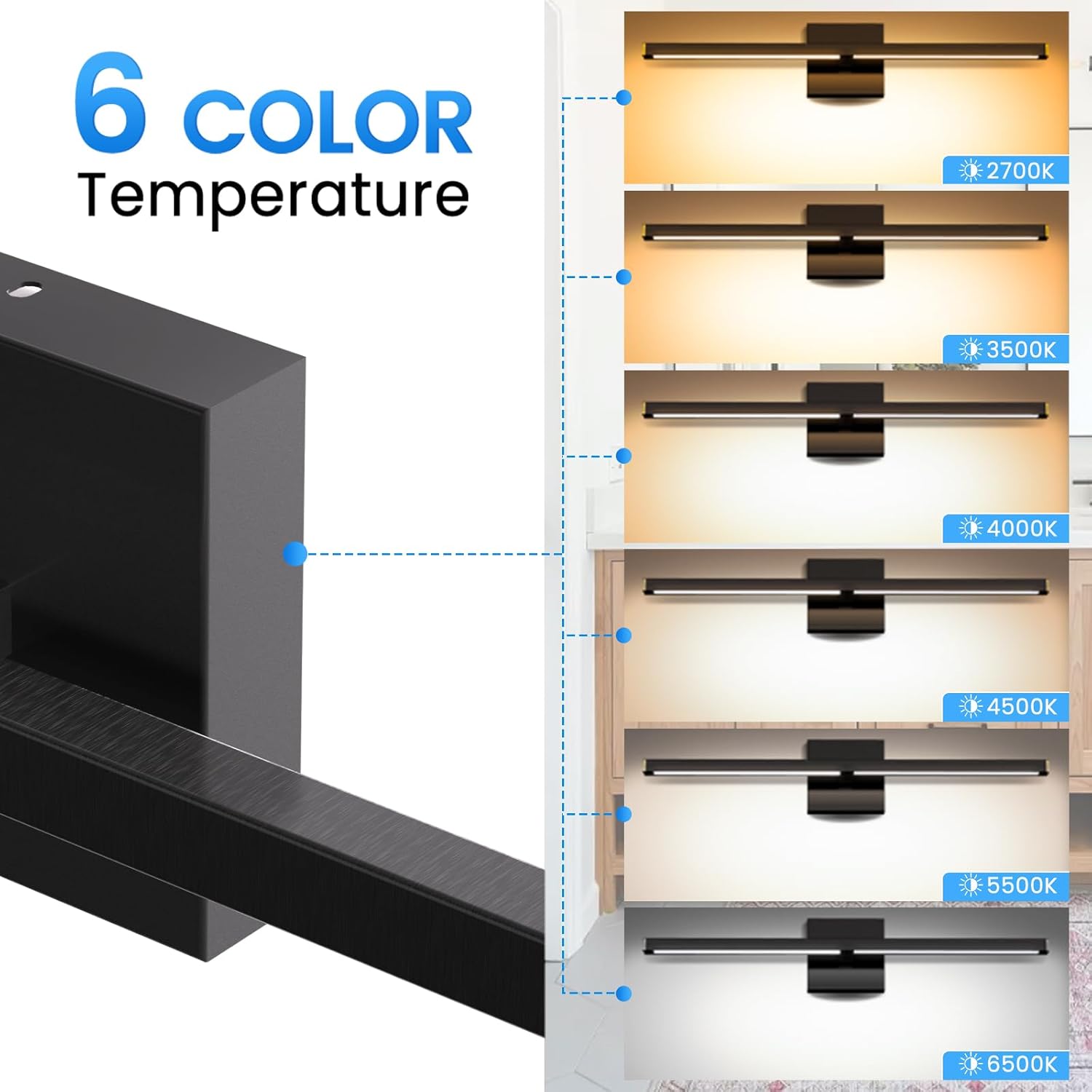 MEIKEE Modern Bathroom Vanity Light 40 inch, 22W Dimmable 6CCT Led Bathroom Light Fixture Over Mirror, Black Bar Vanity Light for Mirror FCC Certificated