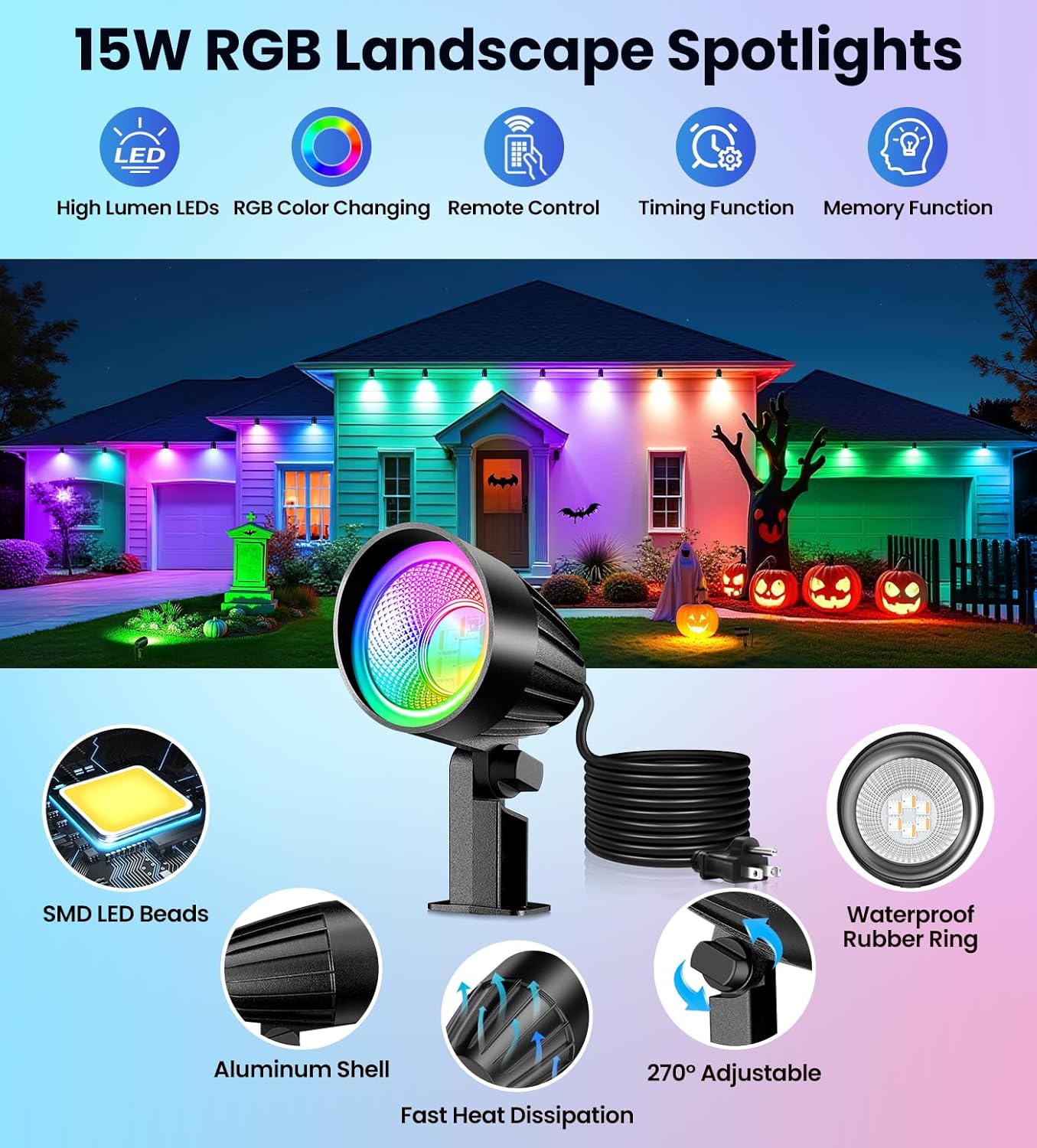 MEIKEE 15W RGB Color Changing Landscape Lighting 120V LED Landscape Lights with 4.9ft Cable IP66 Waterproof Outdoor Spot Lights for Garden Path Decoration