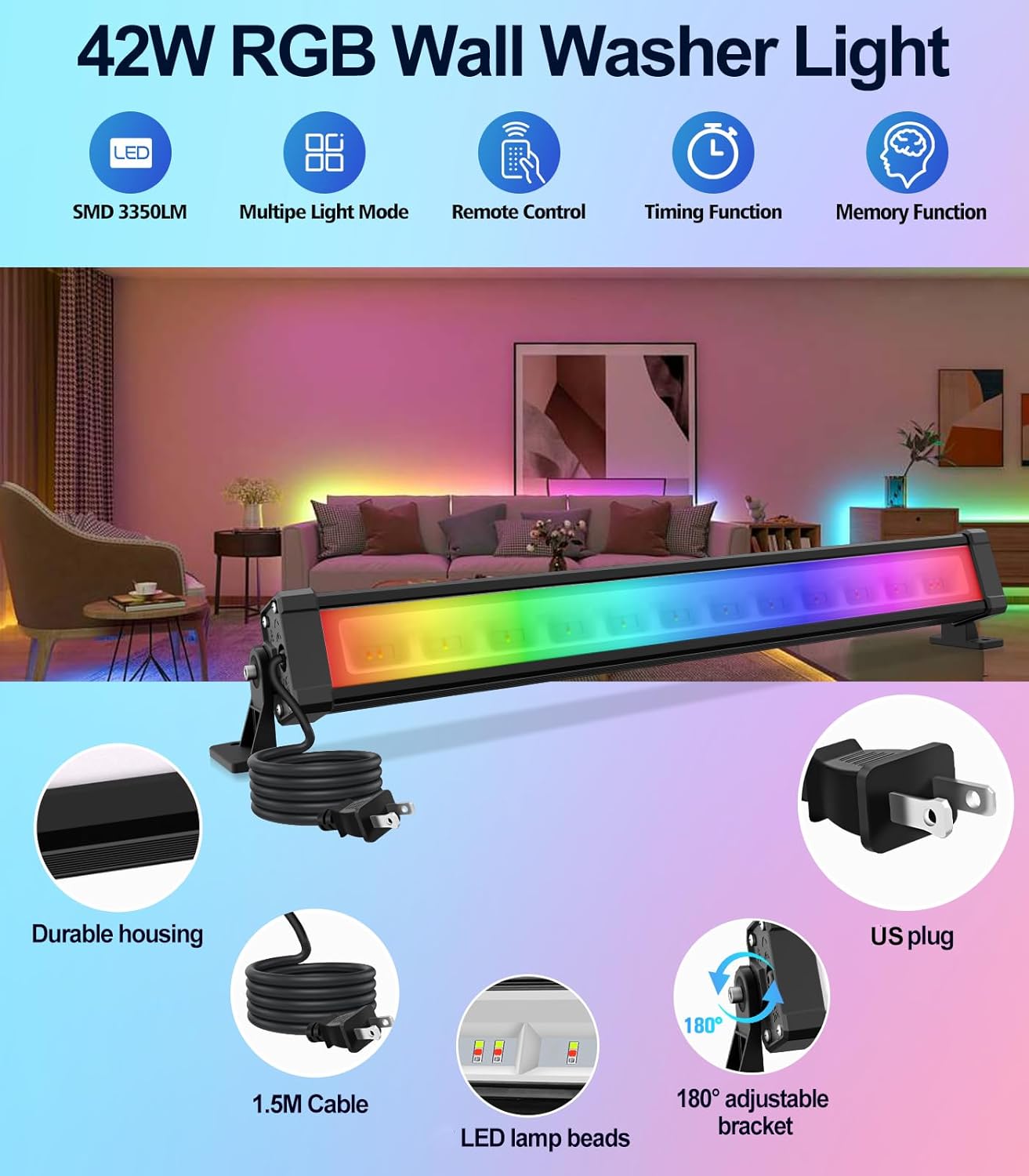 MEIKEE 42W RGBW Wall Washer Light, 3350lm, IP66 Waterproof Wash Light Bar with Remote, Color Changing Wash Flood Strip Lighting for Stage Party Wedding Christmas Decoration
