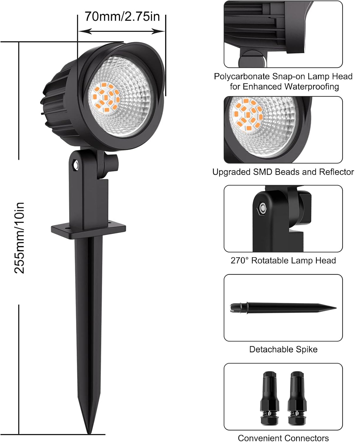 MEIKEE 7W Low Voltage Landscape Lighting with Connectors, 2700K Warm White Landscape Lighting, IP66 Waterproof Outdoor Spotlights for Garden, Driveway, Yard, Lawn(1 Pack)