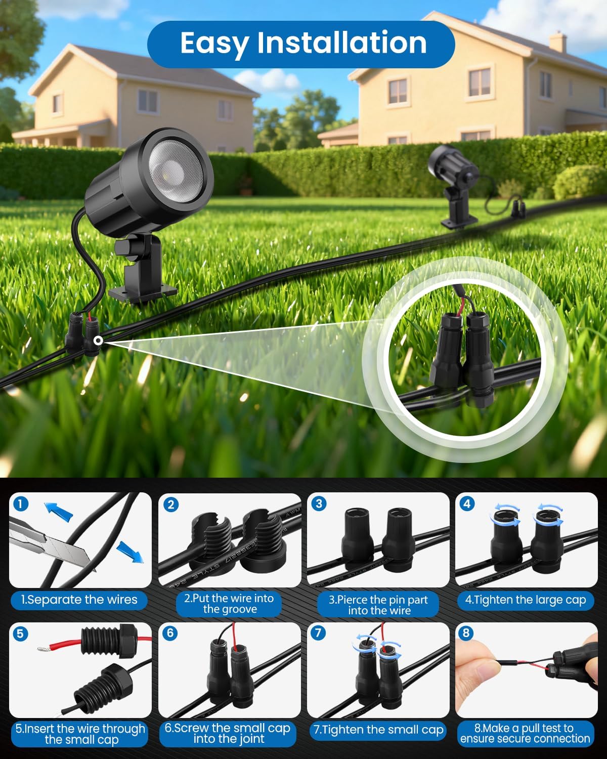 MEIKEE 4 Pack 3W Low Voltage LED Landscape Spotlights Kit with Connectors, 2700K Warm White IP Waterproof Outdoor Spot Lights for Trees, Garden, Yard & Pathways