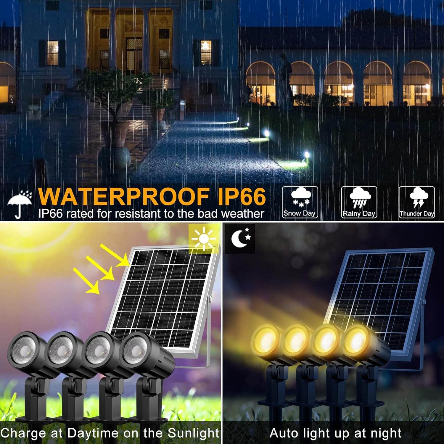 MEIKEE 6 in 1 Solar Spotlights Outdoor, 6W/6V Solar Powered Landscape Lights IP66 Waterproof Auto On/Off Landscape Spotlights with 3 Colors 56ft Cord for Garden Path Yard Patio Light