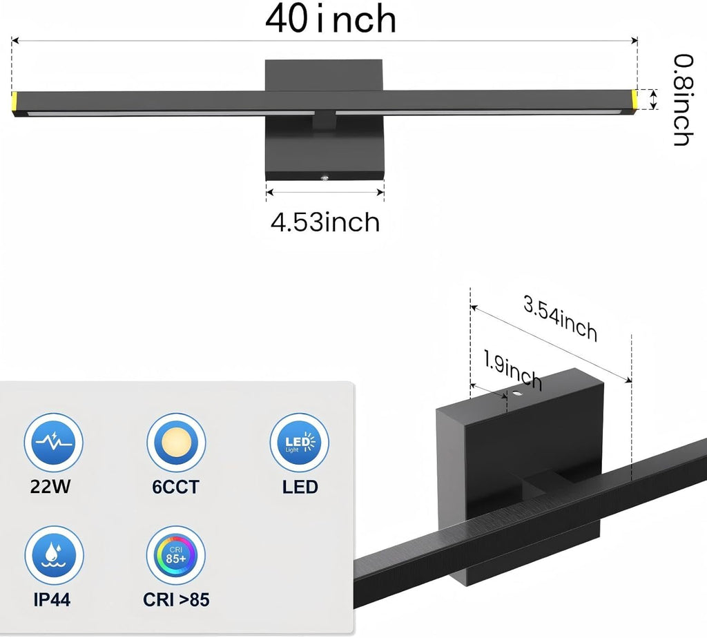 MEIKEE Modern Bathroom Vanity Light 40 inch, 22W Dimmable 6CCT Led Bathroom Light Fixture Over Mirror, Black Bar Vanity Light for Mirror FCC Certificated