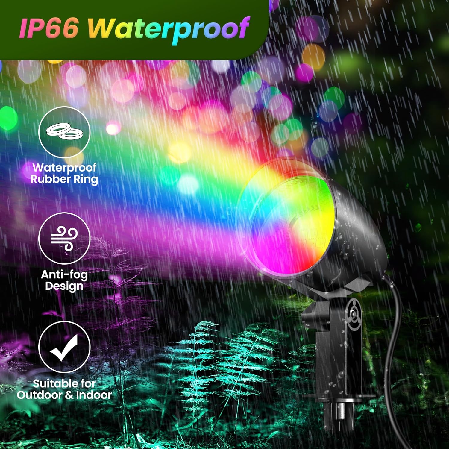 MEIKEE 2 Pack 20W RGB Color Changing Outdoor LED Spotlights, 120V Waterproof Landscape Lights with US 3-Prong Plug, Dimmable, Timer & Memory Function for Halloween Decor