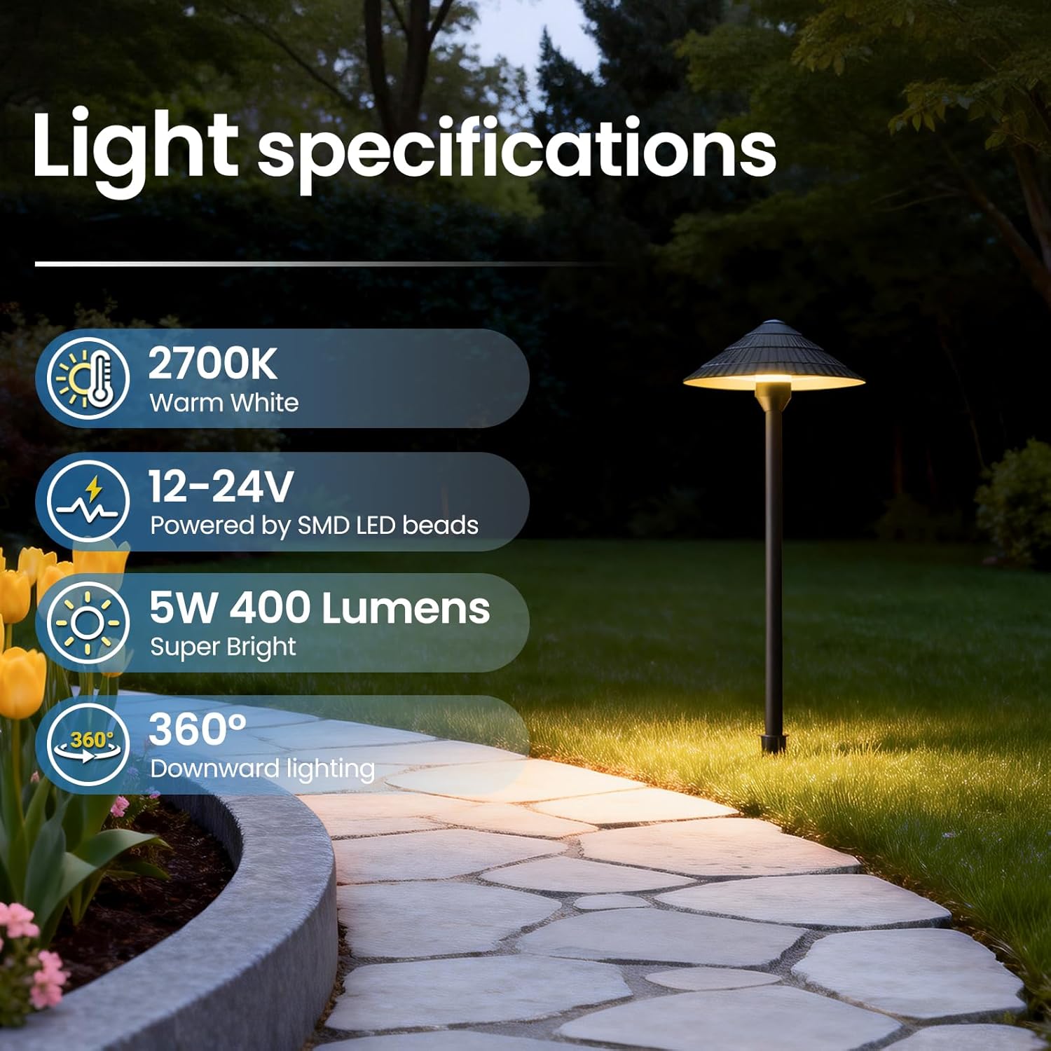 MEIKEE All-in-One Low Voltage Landscape Lighting Kit, 5W Dusk-to-Dawn LED Pathway Lights with Transformer, 2700K Warm White IP66 Waterproof Outdoor Lights for Yard & Patio
