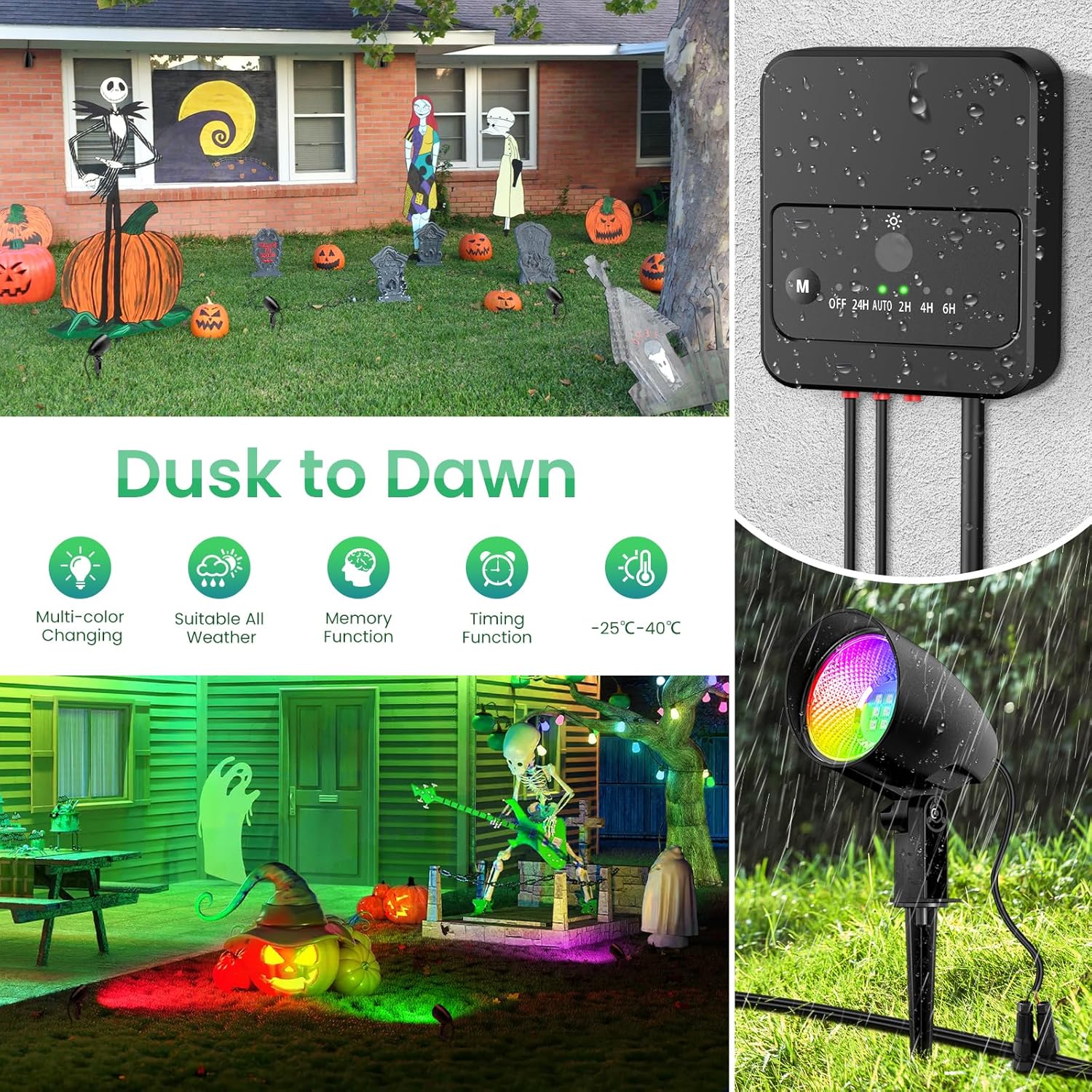 MEIKEE 6 Pack 20W Low Voltage RGB Color Changing LED Landscape Spotlights with Photocell Sensor, IP66 Waterproof Outdoor Lights for Halloween Christmas Patio Garden Yard Decor