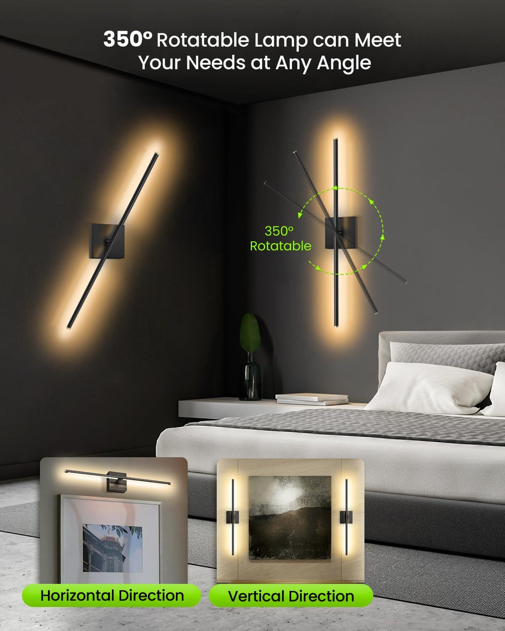 MEIKEE 2 Pack 28in Wireless Battery Wall Sconces, 10000mAh Rechargeable Remote Dimmable Wall Lights, 6 CCT 350° Rotatable Lamp for Bedroom Living Room Mirror Decor