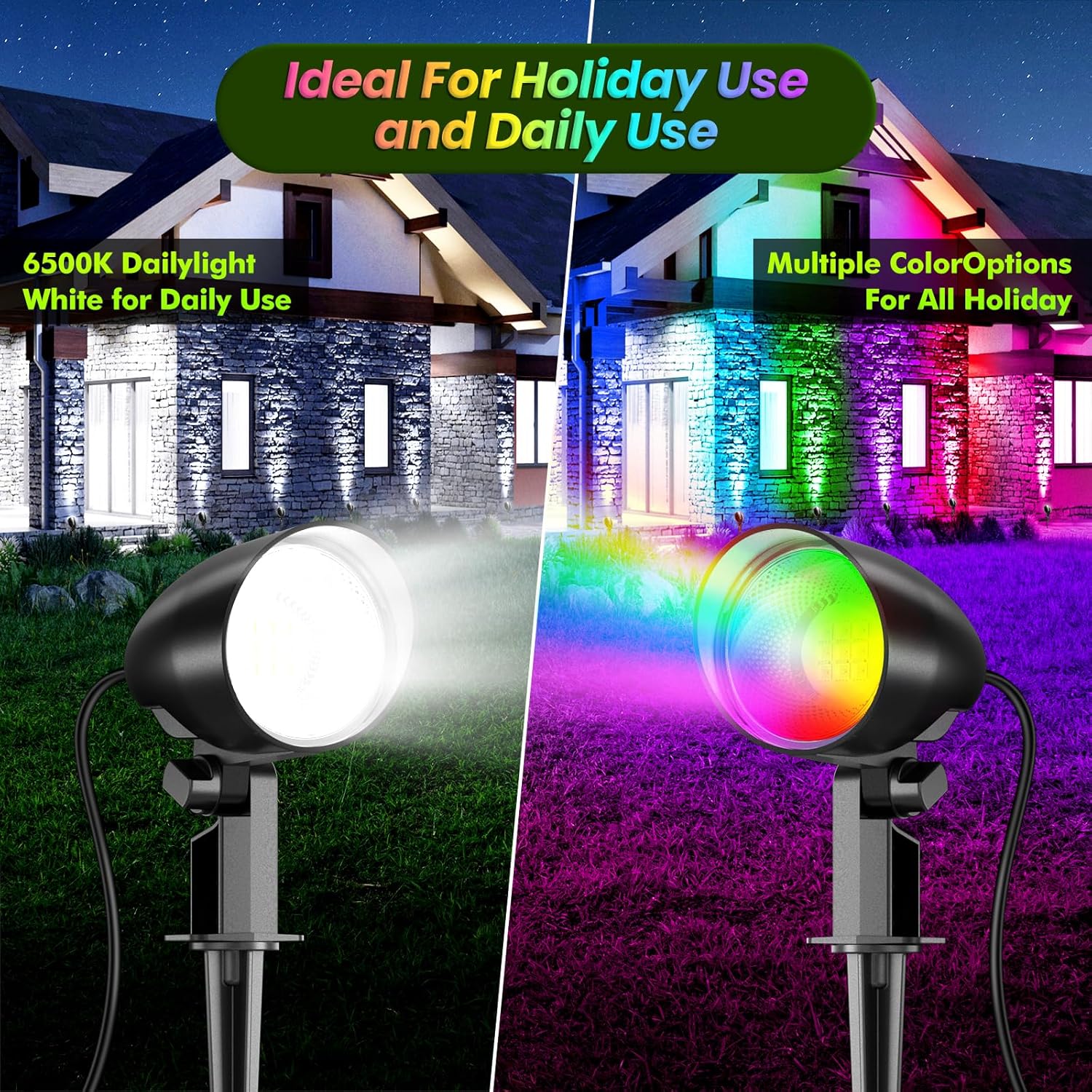 MEIKEE 2 Pack 20W RGB Color Changing Outdoor LED Spotlights, 120V Waterproof Landscape Lights with US 3-Prong Plug, Dimmable, Timer & Memory Function for Halloween Decor
