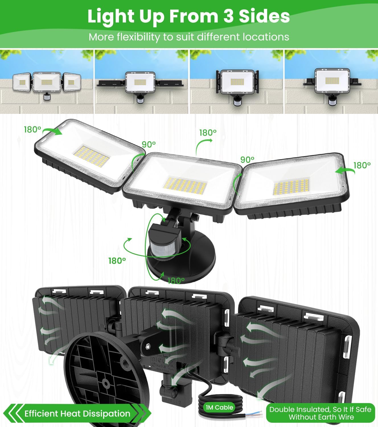 MEIKEE 70W 3-Head LED Motion Sensor Outdoor Security Light, 6580LM 6500K Dusk-to-Dawn IP66 Waterproof Motion Activated Flood Light for Entryway, Yard & Garage