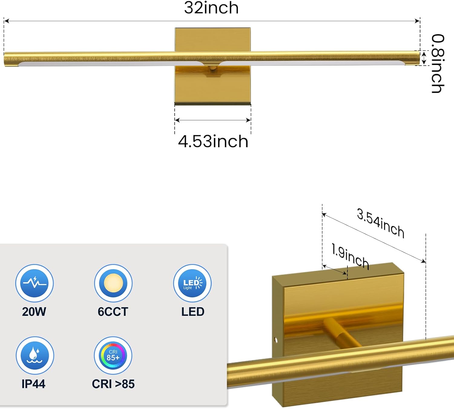 MEIKEE Modern Bathroom Vanity Light 32 inch, 20W Dimmable 6CCT Led Bathroom Light Fixture Over Mirror, Gold Bar Vanity Light for Mirror FCC Certificated, Classic Gold