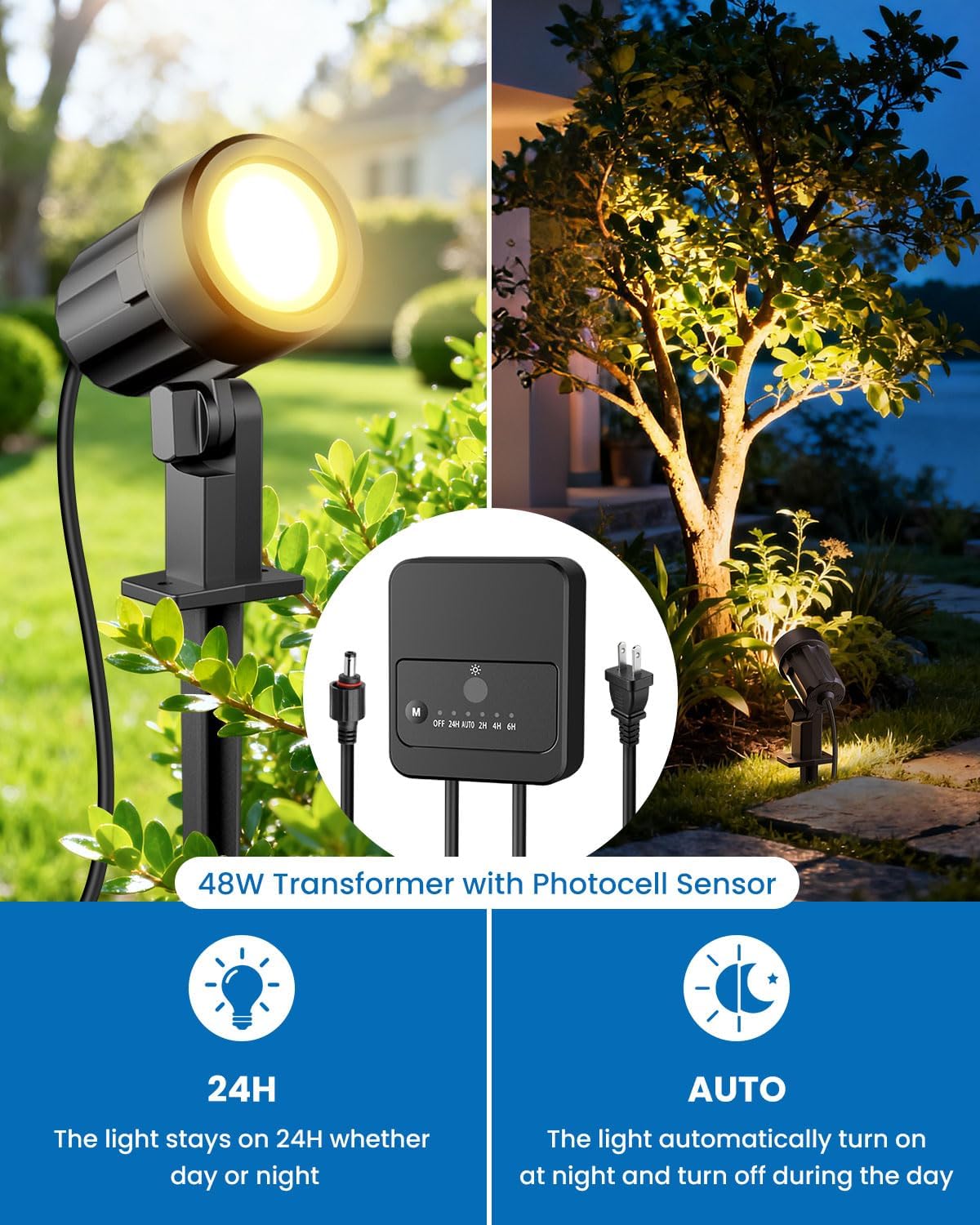 MEIKEE All-in-One Low Voltage LED Landscape Lighting Kit, 2700K Warm White Waterproof Spotlights with Transformer, Cable & Connectors for Garden, Yard, Trees & Outdoor Houses