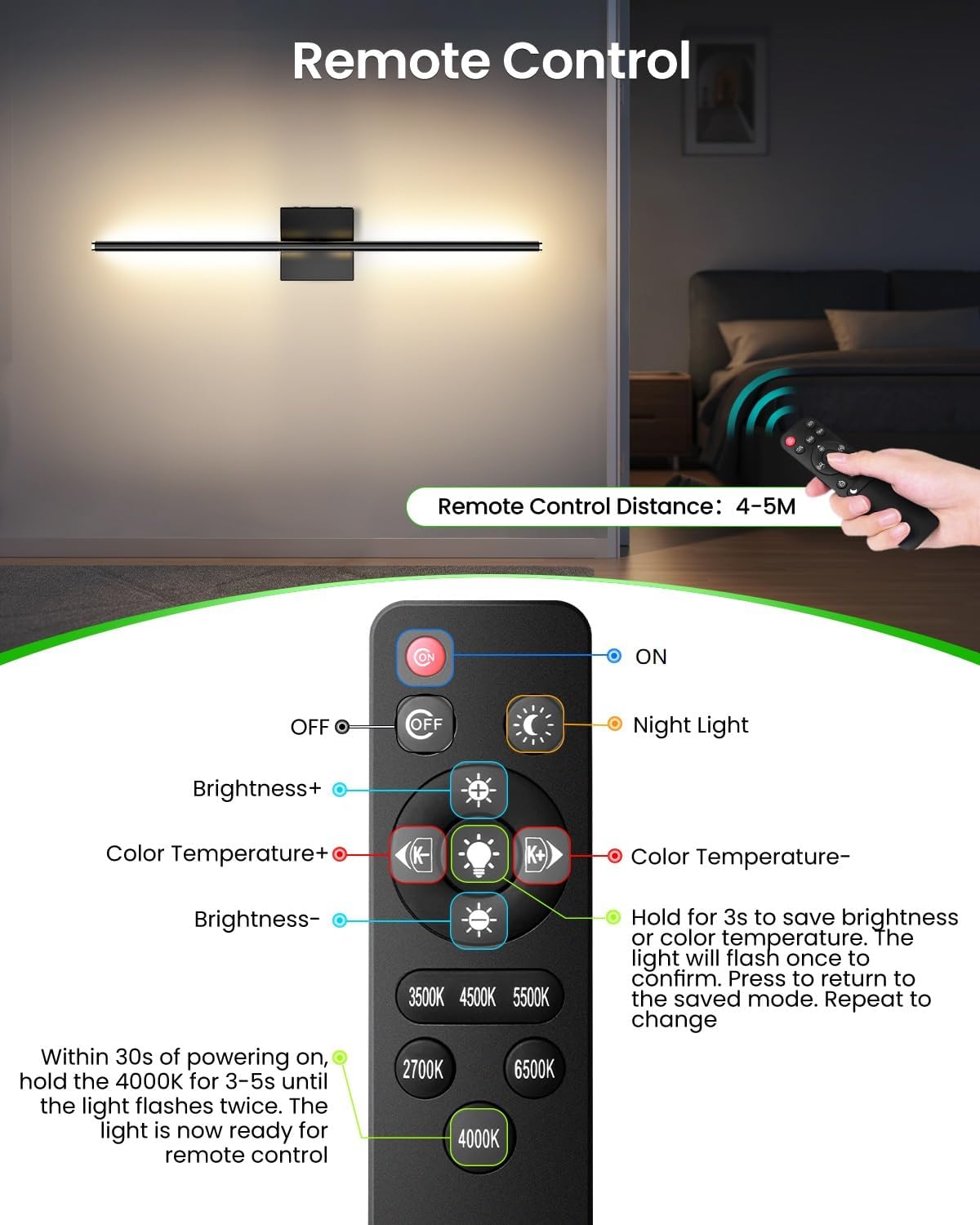 MEIKEE 2 Pack 28in Wireless Battery Wall Sconces, 10000mAh Rechargeable Remote Dimmable Wall Lights, 6 CCT 350° Rotatable Lamp for Bedroom Living Room Mirror Decor