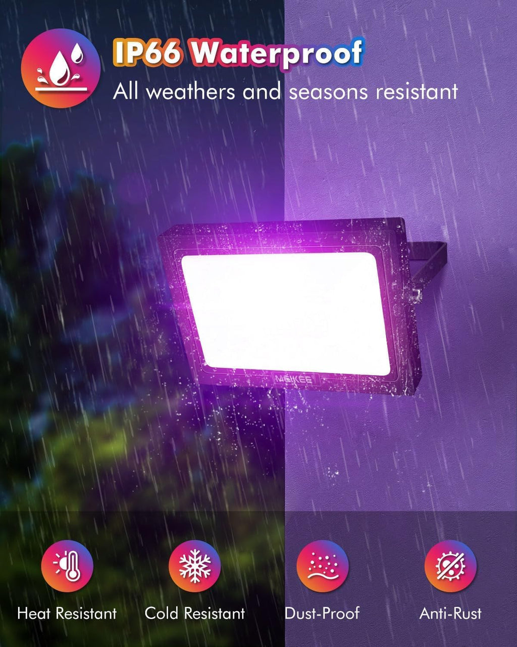 MEIKEE RGBW Solar Flood Light Outdoor, RGB Color Changing 2700K IP66 Waterproof LED Solar Powered Lights, Dimmable Timing Strobe Christmas Halloween Landscape Lighting for Patio Party Garden