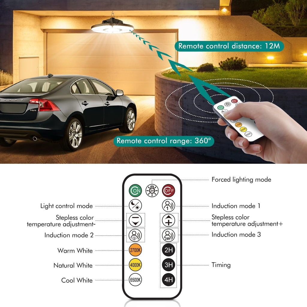 MEIKEE Solar Motion Sensor Pendant Lights with Remote Control, 2700K-6500K Dimmable Hanging Solar Shed Light with Timer & Memory Function, Indoor Outdoor Solar Lamp for Garage, Barn, Patio & Gazebo