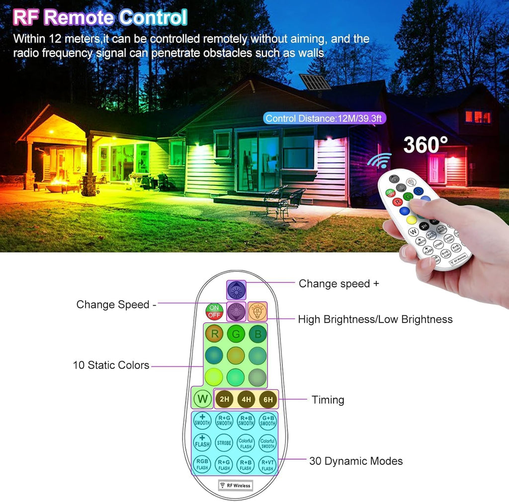MEIKEE Solar 6 in 1 RGB Spotlights Outdoor Garden, 10 Colors 12 Modes Solar Garden Floodlight Landscape Spotlights IP66 Waterproof 59.06ft Cable Spike Light for Lawn, Patio, Balcony