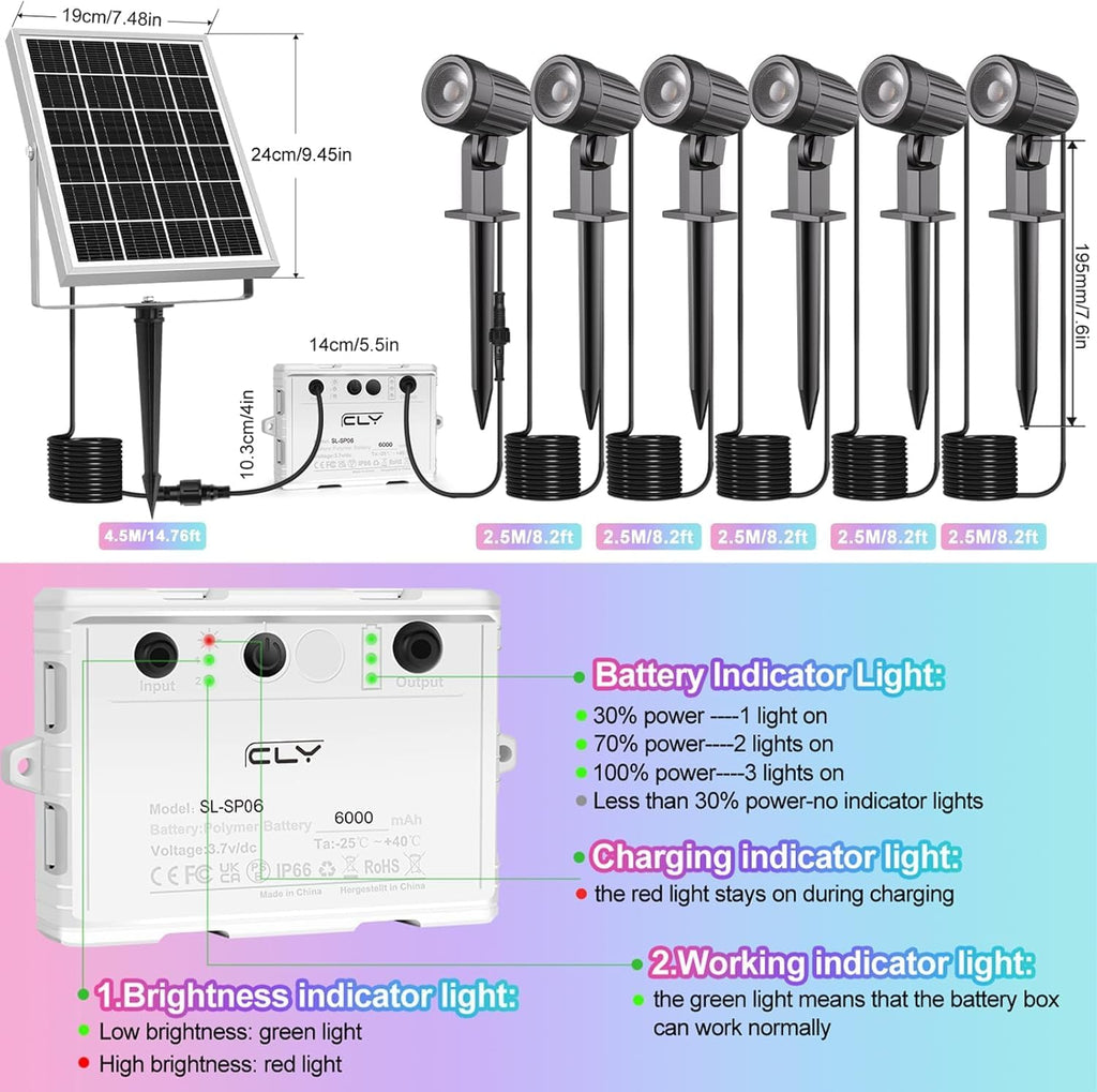 MEIKEE Solar 6 in 1 RGB Spotlights Outdoor Garden, 10 Colors 12 Modes Solar Garden Floodlight Landscape Spotlights IP66 Waterproof 59.06ft Cable Spike Light for Lawn, Patio, Balcony