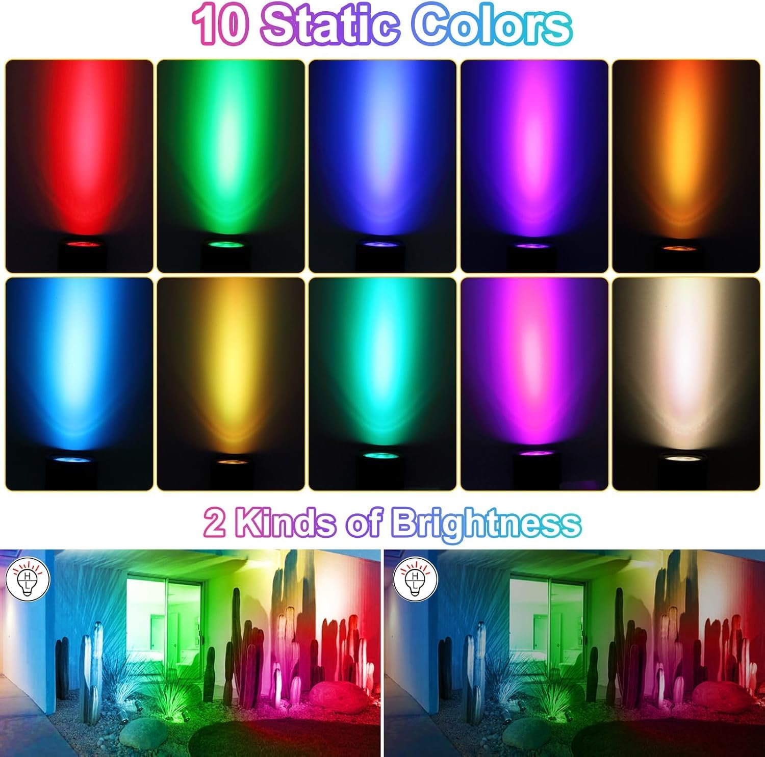 MEIKEE Solar 6 in 1 RGB Spotlights Outdoor Garden, 10 Colors 12 Modes Solar Garden Floodlight Landscape Spotlights IP66 Waterproof 59.06ft Cable Spike Light for Lawn, Patio, Balcony