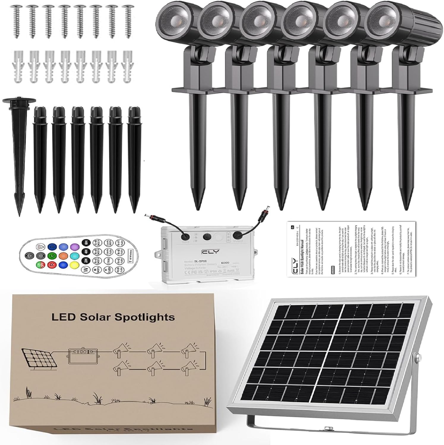 MEIKEE Solar 6 in 1 RGB Spotlights Outdoor Garden, 10 Colors 12 Modes Solar Garden Floodlight Landscape Spotlights IP66 Waterproof 59.06ft Cable Spike Light for Lawn, Patio, Balcony