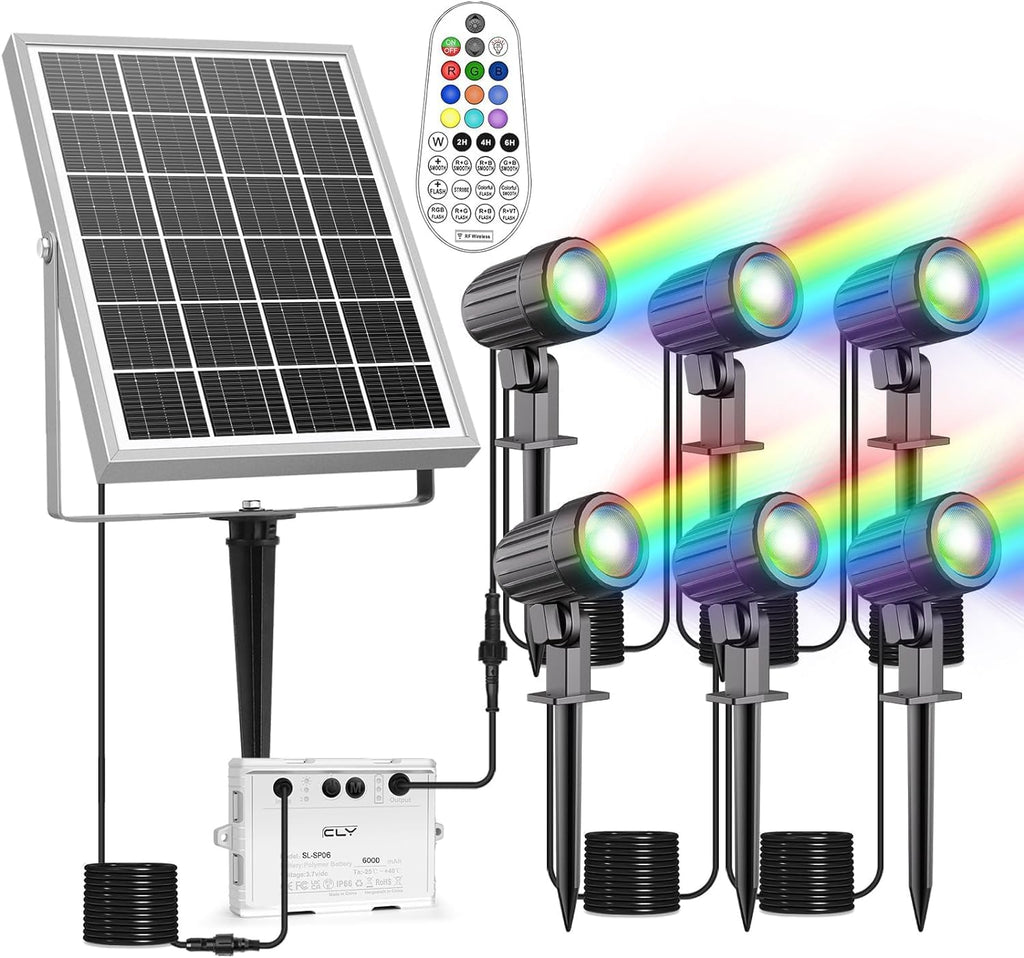 MEIKEE Solar 6 in 1 RGB Spotlights Outdoor Garden, 10 Colors 12 Modes Solar Garden Floodlight Landscape Spotlights IP66 Waterproof 59.06ft Cable Spike Light for Lawn, Patio, Balcony