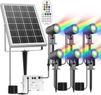 MEIKEE Solar 6 in 1 RGB Spotlights Outdoor Garden, 10 Colors 12 Modes Solar Garden Floodlight Landscape Spotlights IP66 Waterproof 59.06ft Cable Spike Light for Lawn, Patio, Balcony