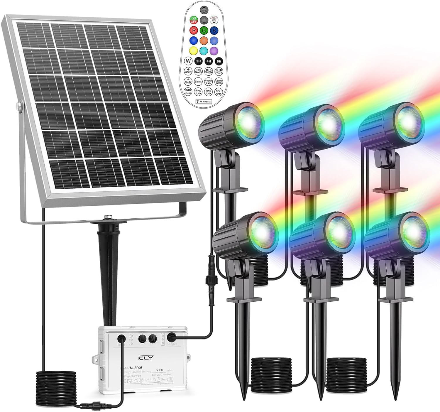 MEIKEE Solar 6 in 1 RGB Spotlights Outdoor Garden, 10 Colors 12 Modes Solar Garden Floodlight Landscape Spotlights IP66 Waterproof 59.06ft Cable Spike Light for Lawn, Patio, Balcony