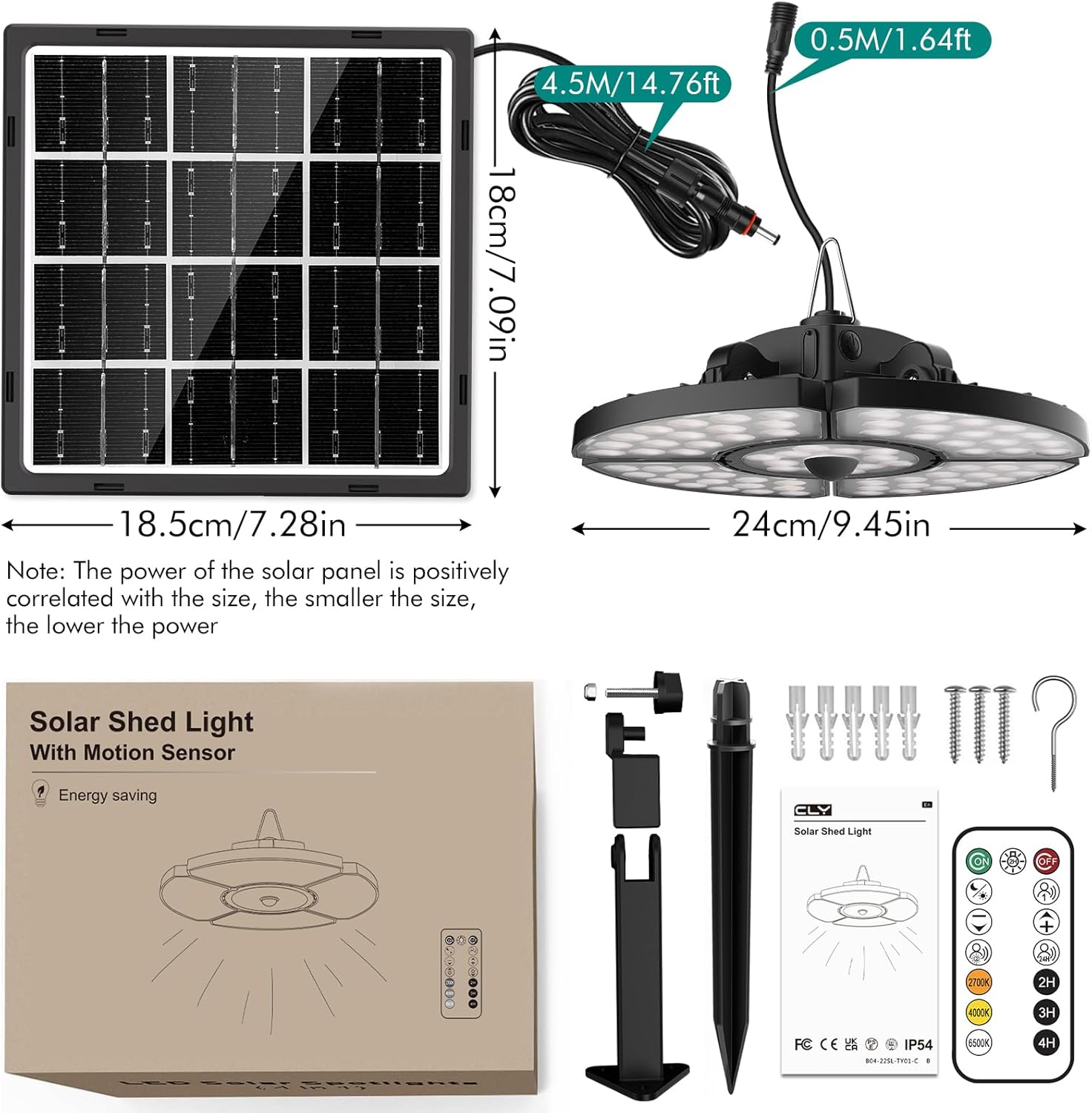 MEIKEE Solar Motion Sensor Pendant Lights with Remote Control, 2700K-6500K Dimmable Hanging Solar Shed Light with Timer & Memory Function, Indoor Outdoor Solar Lamp for Garage, Barn, Patio & Gazebo